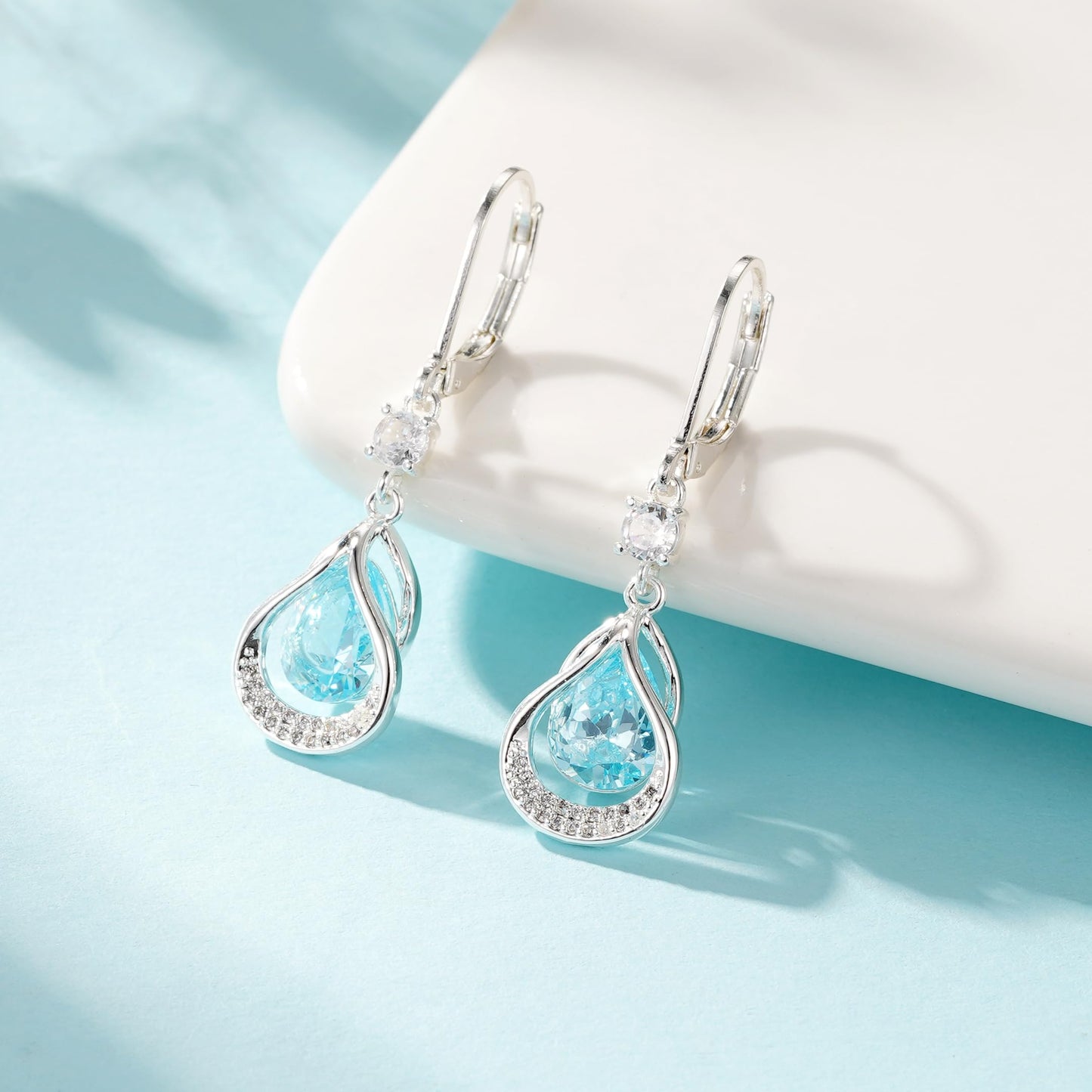 Dangle Trendy Leverback Birthstone Earrings Sliver Plated Teardrop Dangle Earrings Jewelry Christmas Birthday Gifts for Women (Sliver March)