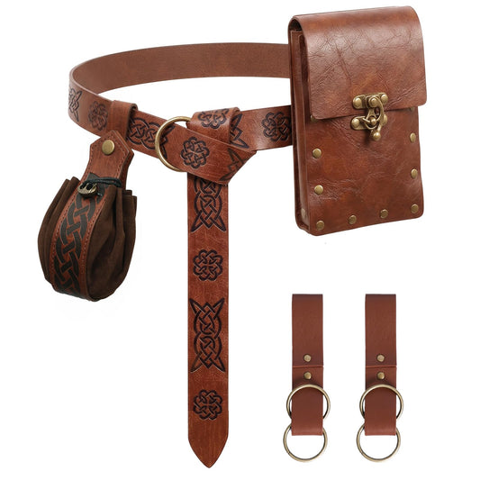Renaissance Medieval Belt Pouch Set - Medieval Accessories with Pirate Belt Waist Bag Purse for Halloween & Cosplay (Brown-A)