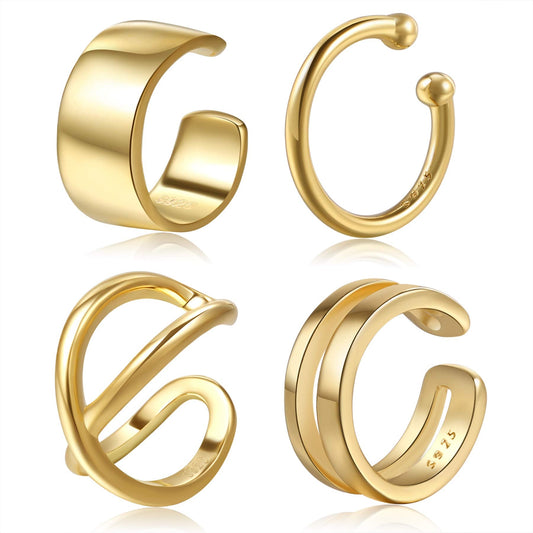 Ear Cuffs 18K Gold Plated 925 Sterling Silver Fake Ear Cuffs Non Piercing Ear Conch Clip on Cartilage Earrings for Women Men 4 Various Styles