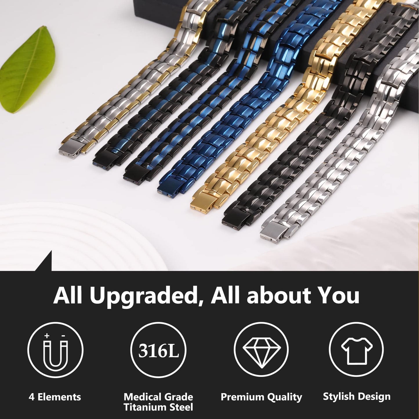 Feraco Mens Magnetic Therapy Bracelets Titanium Steel Bracelet with Double Row 4 Elements Magnets (Black & Blue)