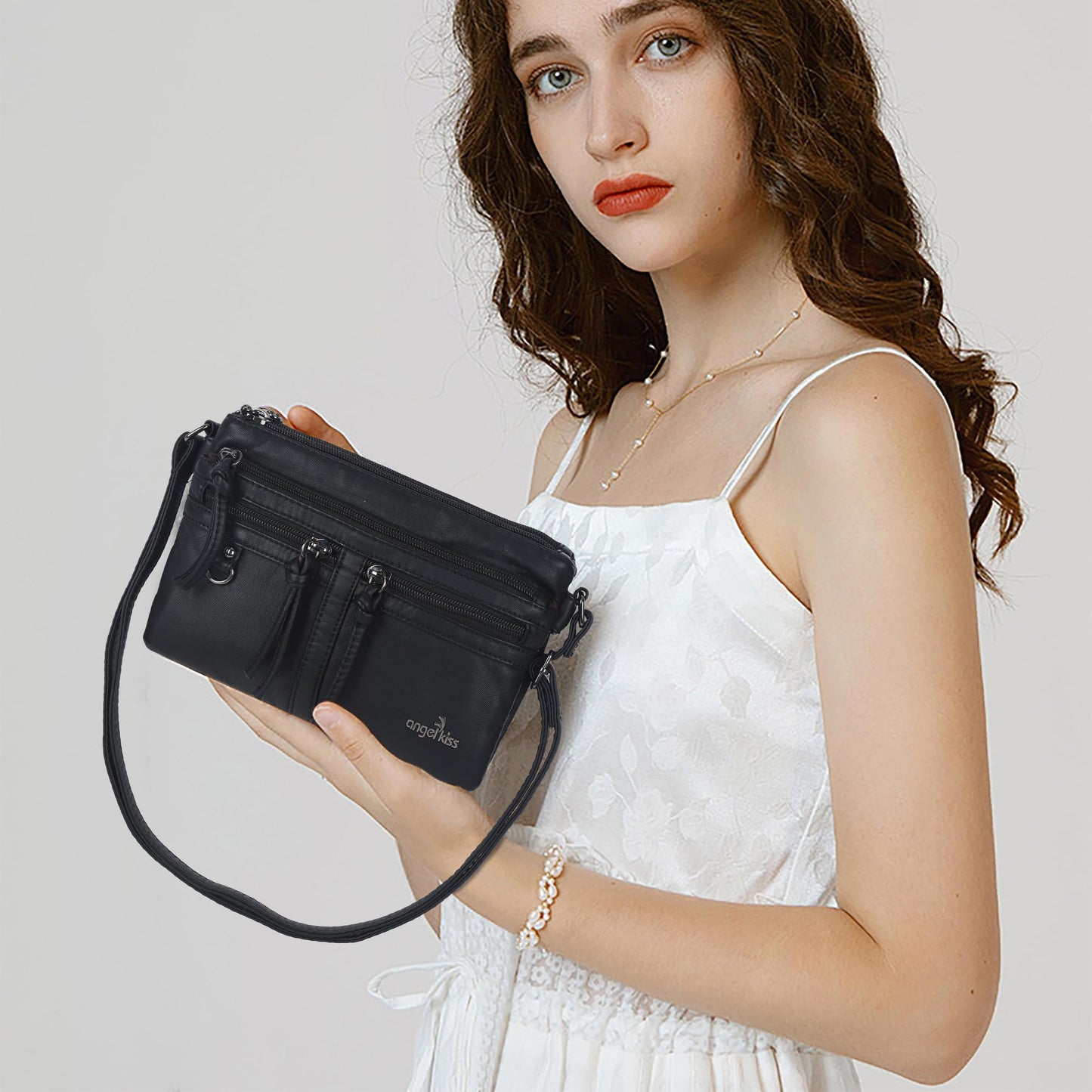 Angel Kiss Small Crossbody Bag for Women Leather Crossbody Purse Triple Compartments Cell Phone Purse Shoulder Bags for Women,Black