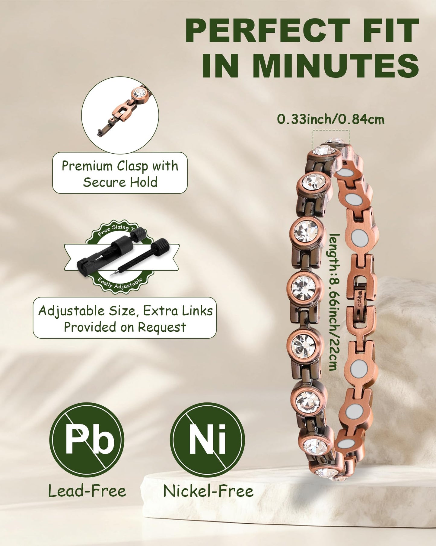 MagEnergy Copper Bracelet for Women, 99.9% Pure Copper Magnetic Bracelet, Adjustable Bracelet Jewelry Gifts (Crystal)
