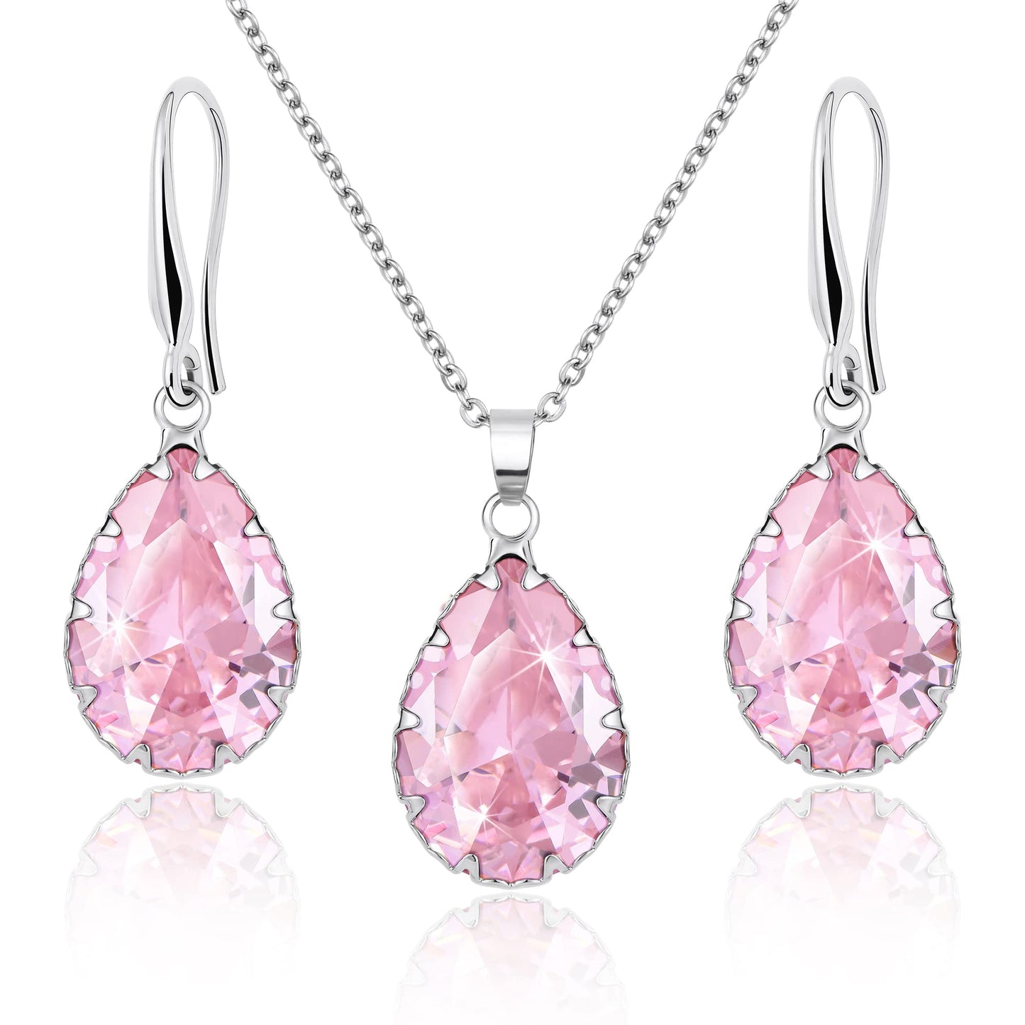Linawe Pink Jewelry Sets for Women, Crystal Pendant Necklace Set Silver, Imitation Diamond Rhinestone Cubic Zirconia Birthstone Teardrop Dangle Drop Earrings, Matching Necklace Wedding Earring Set