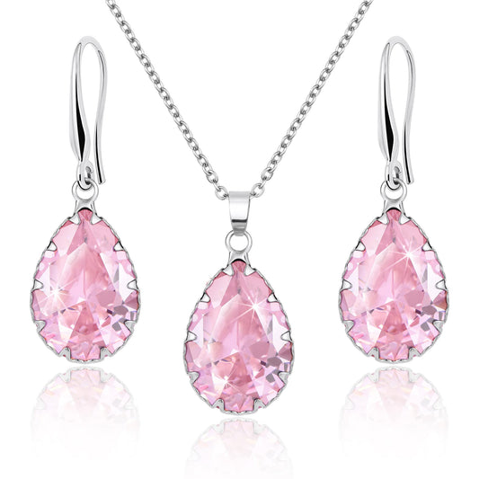 Linawe Pink Jewelry Sets for Women, Crystal Pendant Necklace Set Silver, Imitation Diamond Rhinestone Cubic Zirconia Birthstone Teardrop Dangle Drop Earrings, Matching Necklace Wedding Earring Set