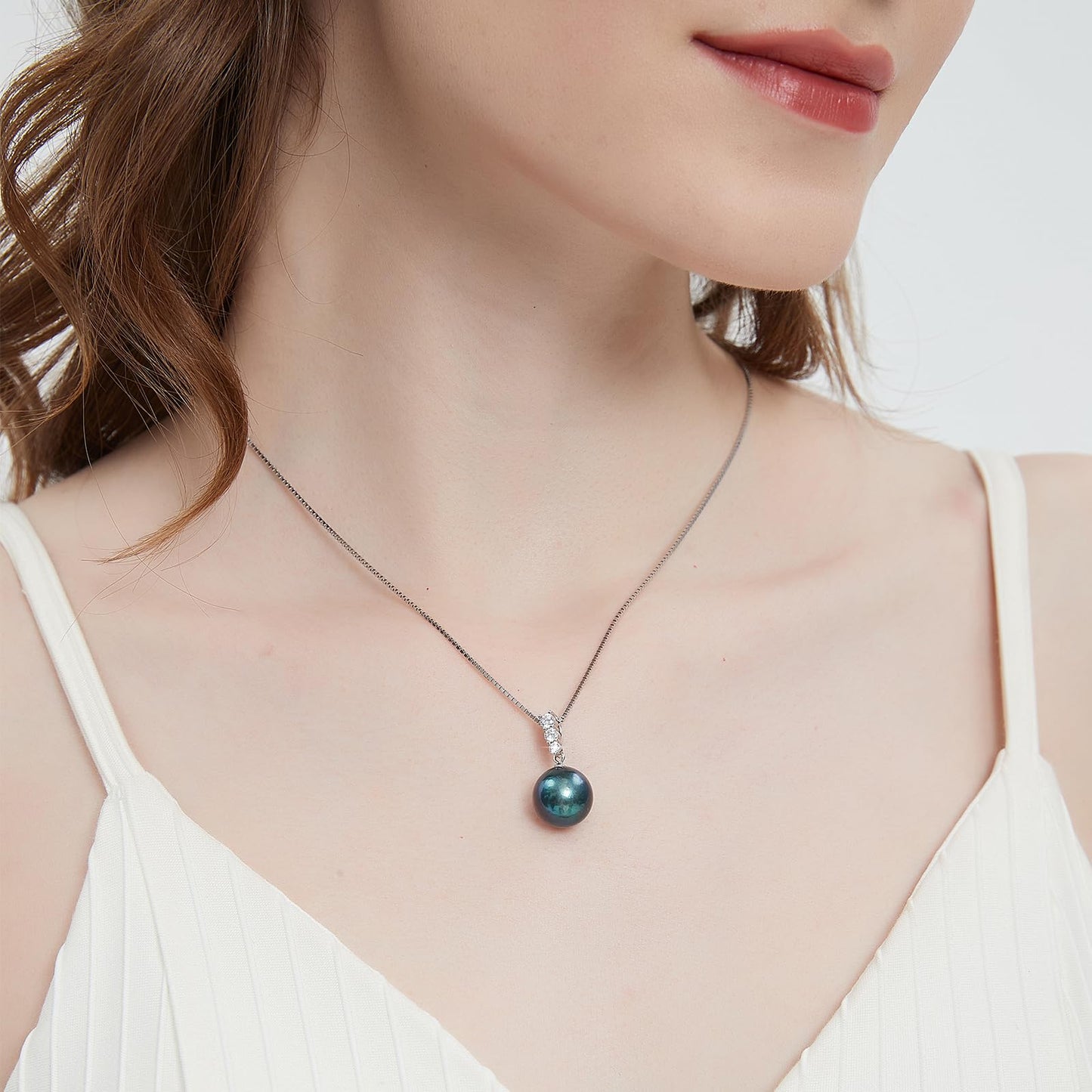YAMI Tahitian Black Pearl Pendant Necklace, 12-13mm Cultured Round Pearls, 925 Sterling Silver with 18+2IN Adjustable Chain, Elegant Mother's Day Jewelry Gift for Women, Three CZ Diamonds Accent