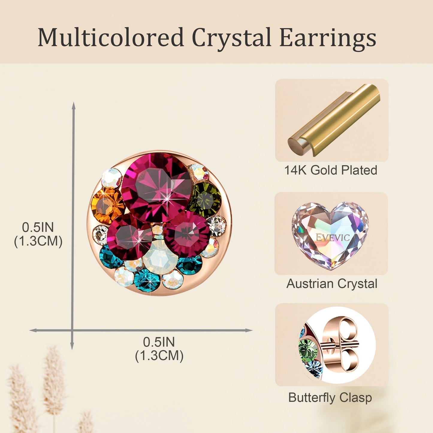 Multicolored Austrian Crystal Rhinestone Stud Earrings for Women Fashion S925 Sterling Silver Hypoallergenic Jewelry (Rose Main Crystal/Rose Gold-tone)