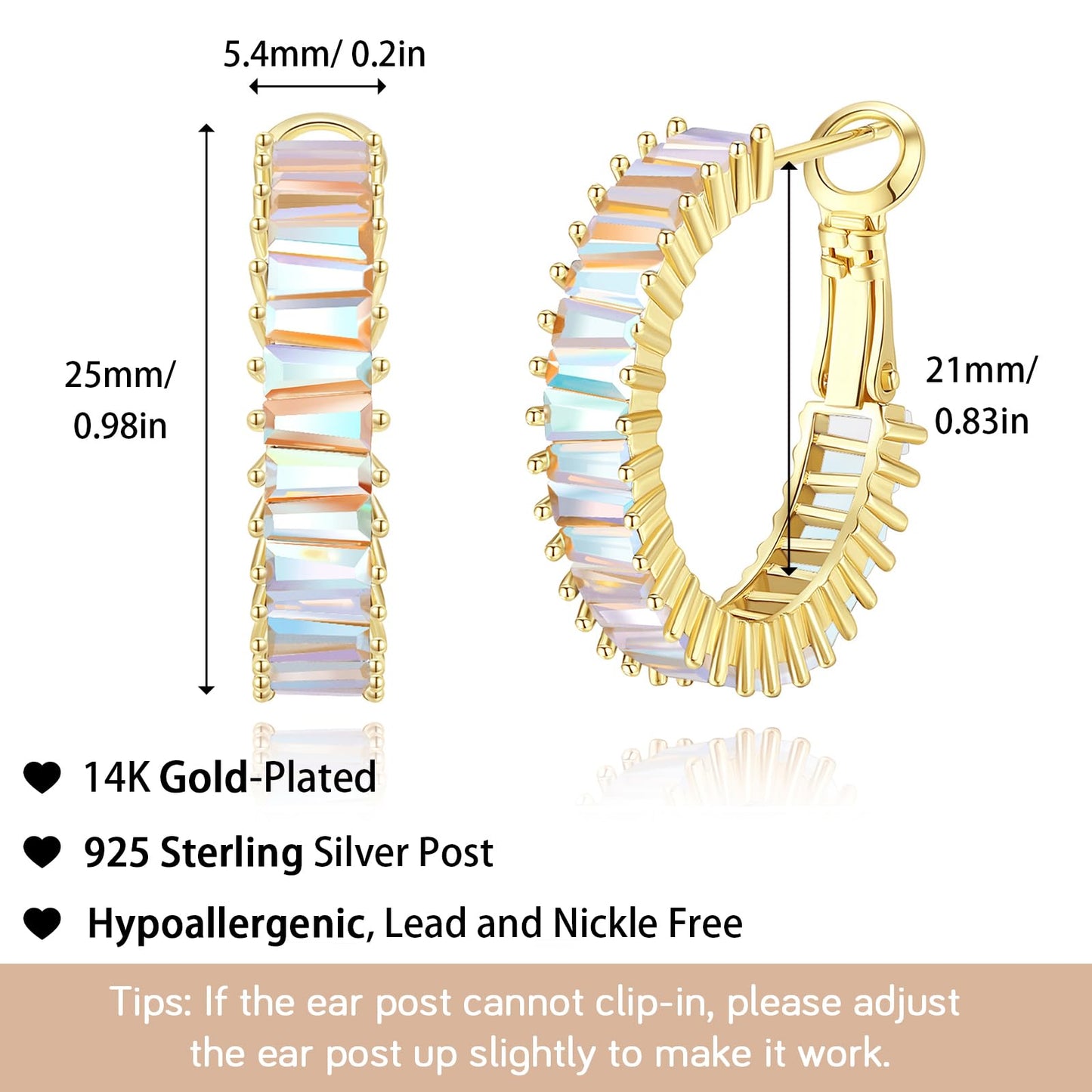 GLOQUAT Iridescent Earrings Aurora Borealis Crystal Hoop Earrings 14K Gold Plated AB Hoops for Women 925 Sterling Silver Post Trendy Colorful CZ Round Circle Hoops Aura Earring Jewelry 25mm