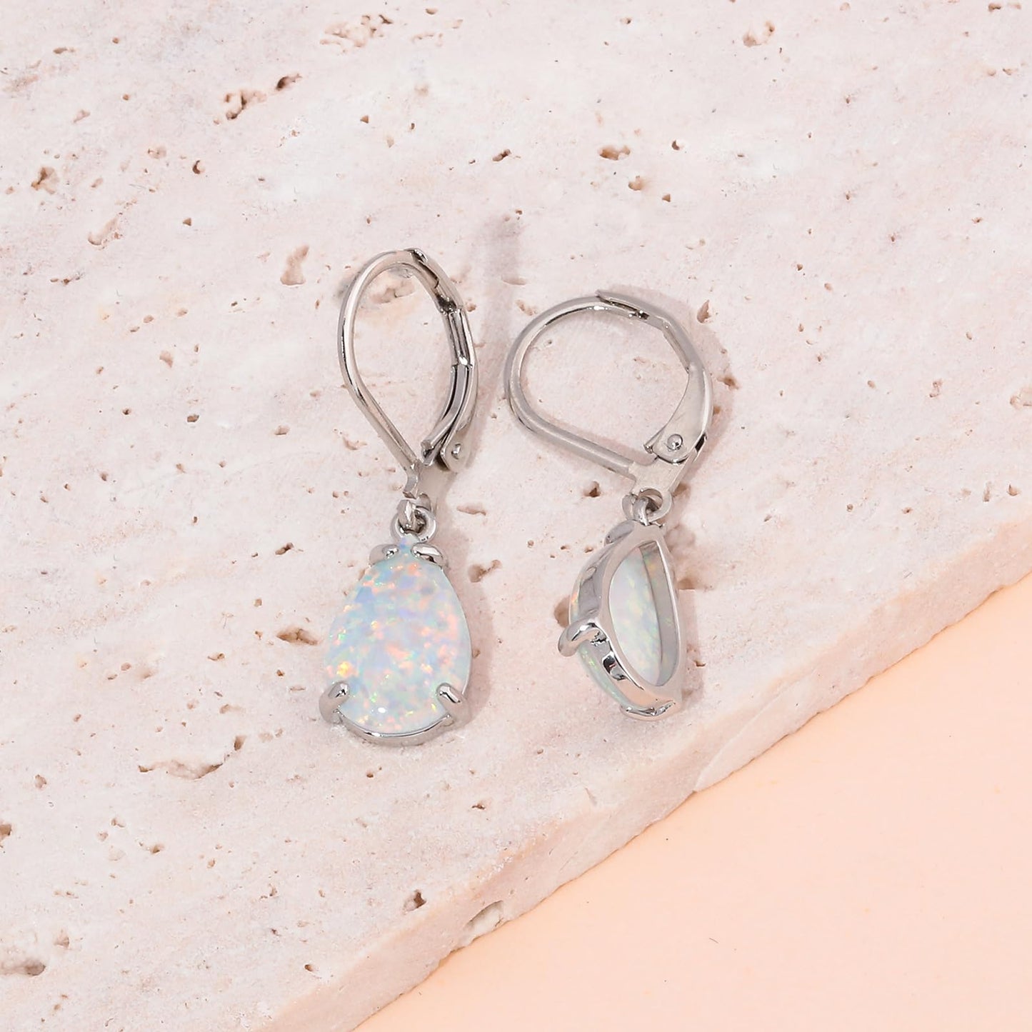 CiNily Teardrop Leverback Dangle Earrings for Women Hypoallergenic White Opal Pendant Drop Earrings 14K White Gold Plated Hanging Lever Earrings Fashion Graduation Party Jewelry Gifts