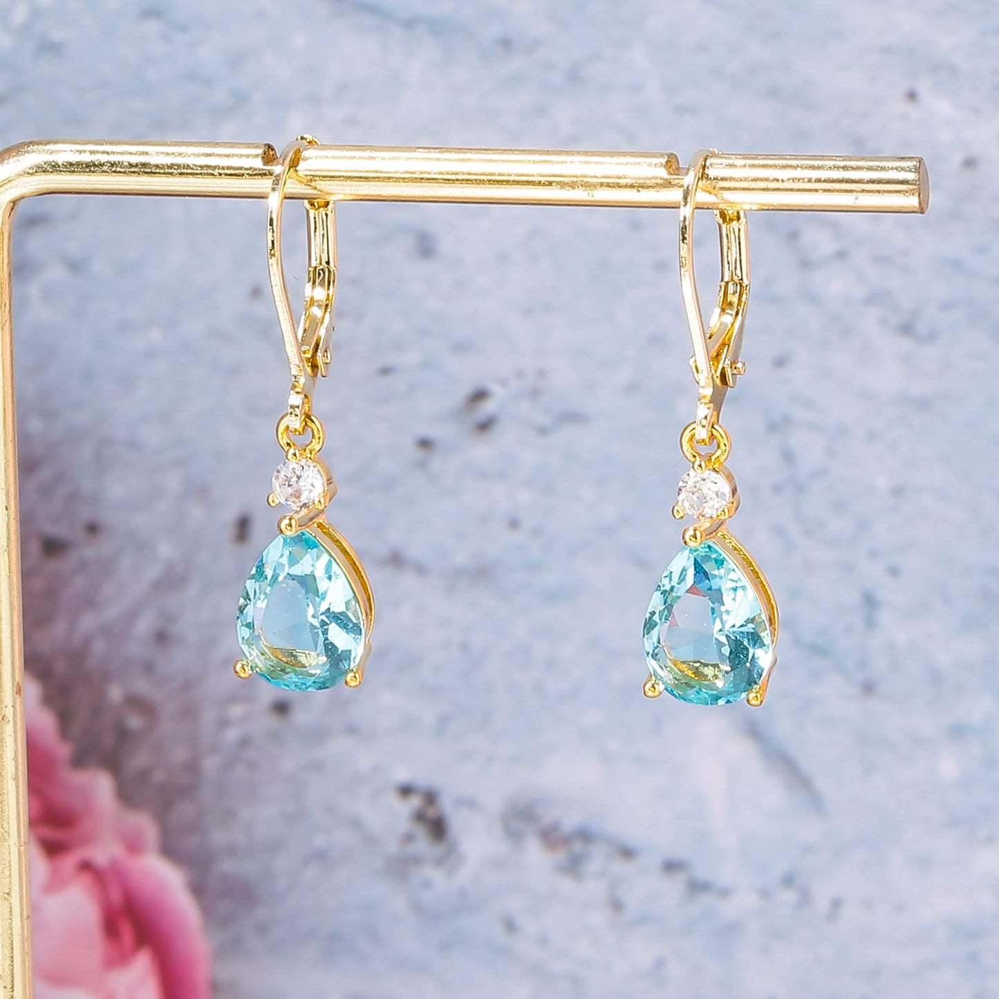 CiNily Leverback Dangle Earrings for Women 14K Gold Plated Drop Earrings Blue Cubic Zircon Fashion Teardrop Hoop Earrings Hypoallergenic Mothers Day Jewelry