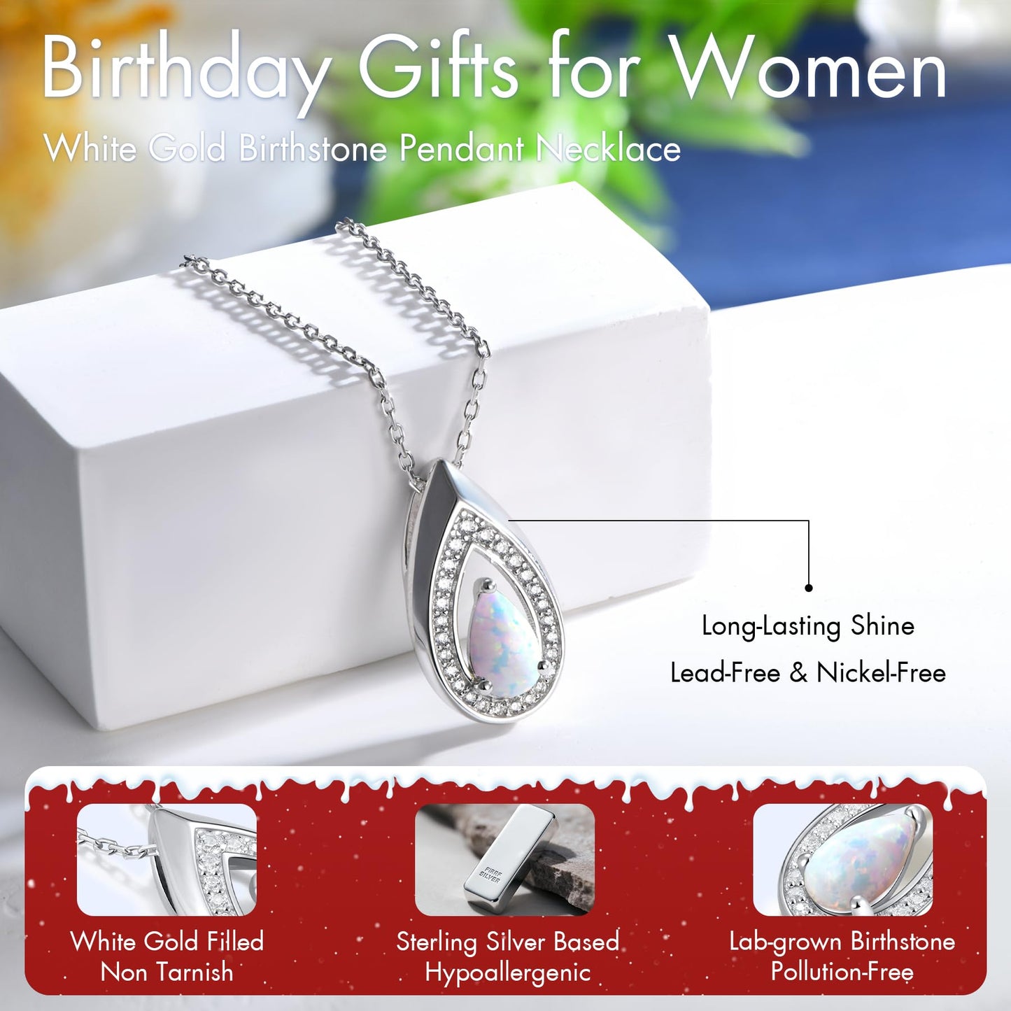 Kstyle 925 Sterling Silver Opal October Birthstone Pendant Necklace Teardrop Jewelry Valentine's Day Anniversary Birthday Gift for Wife Girlfriend Her Mom Daughter Non Tarnish