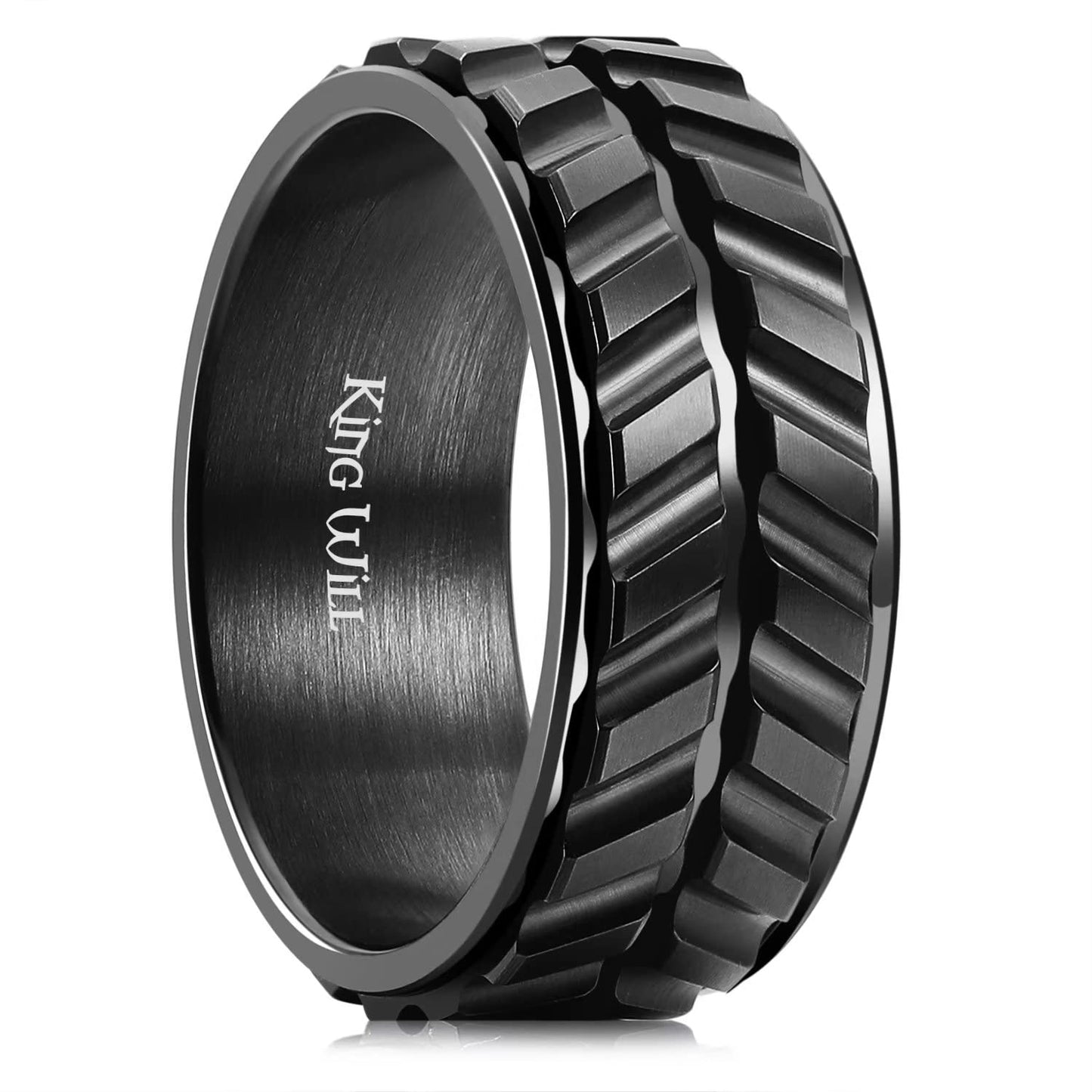 King Will Mens Black 8mm Spinner Rings Tire Stripe Groove Stainless Steel Anxiety Fidget Ring for Men Groove 12