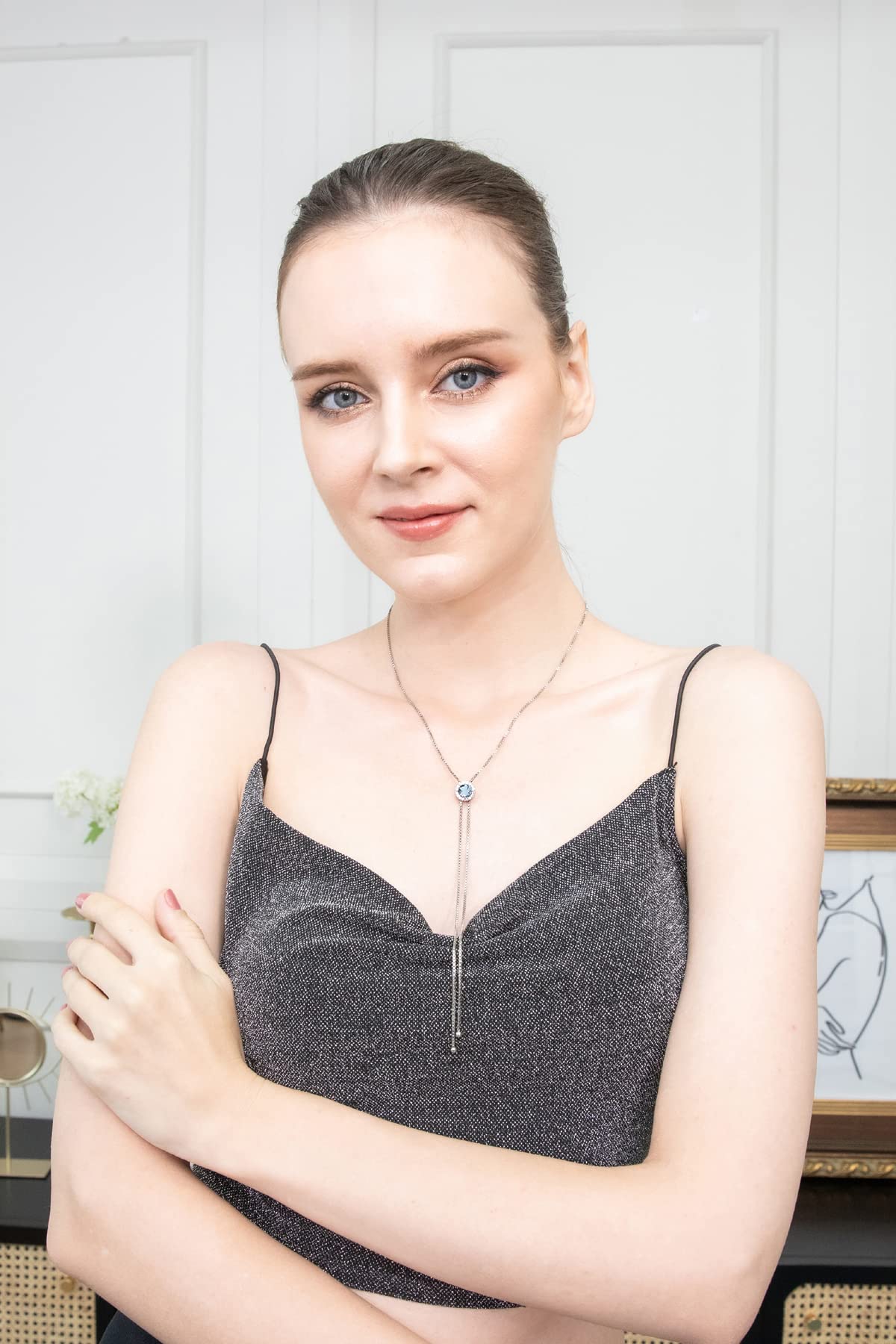 GemStar USA Sterling Silver Blue and White Topaz Round Halo Drop Adjustable Lariat Necklace