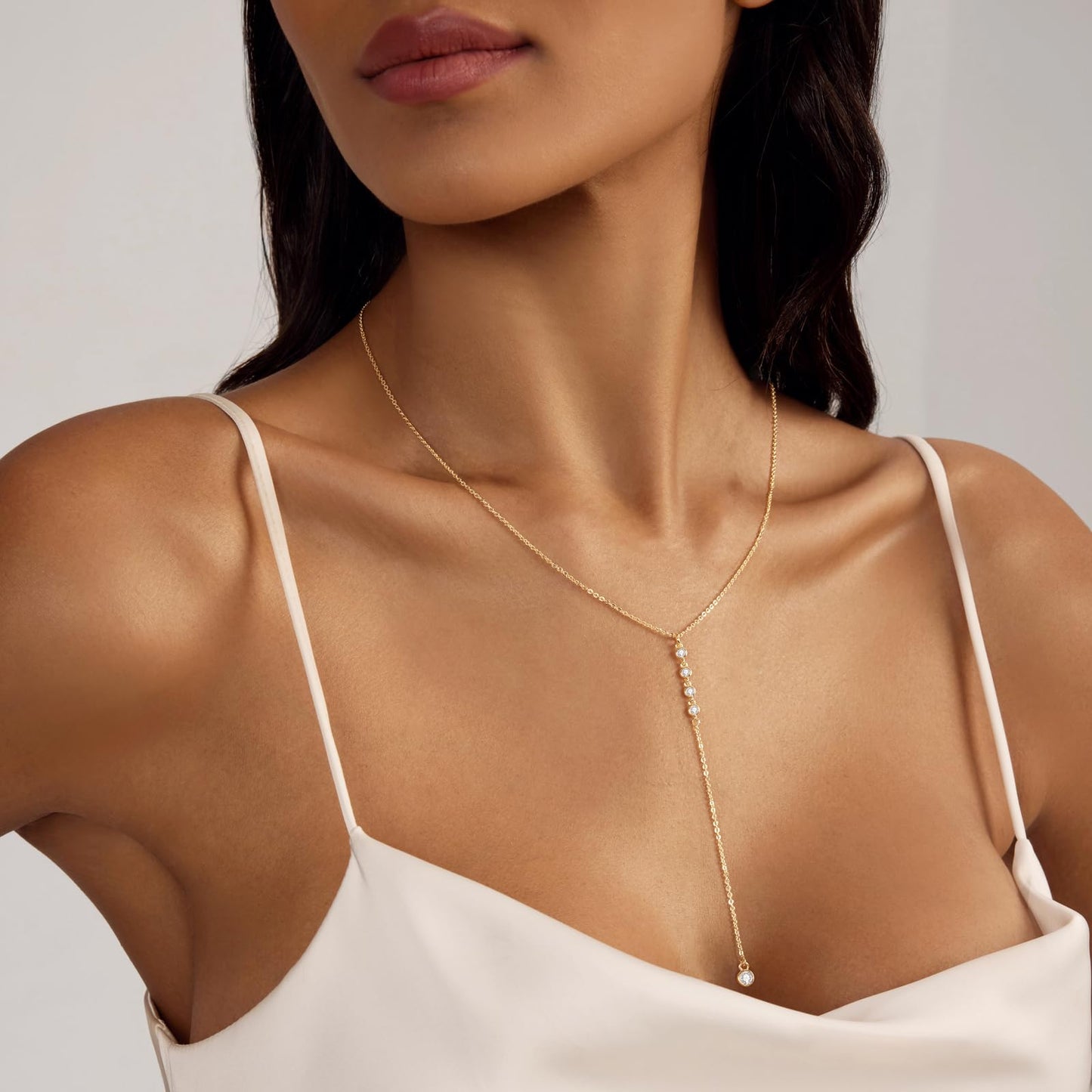 LULII Long Gold Necklace for Women Dainty 14k Gold Plated Drop Lariat Necklace Trendy Simple CZ Y-Shaped Body Chain Prom Statement Jewelry Gifts