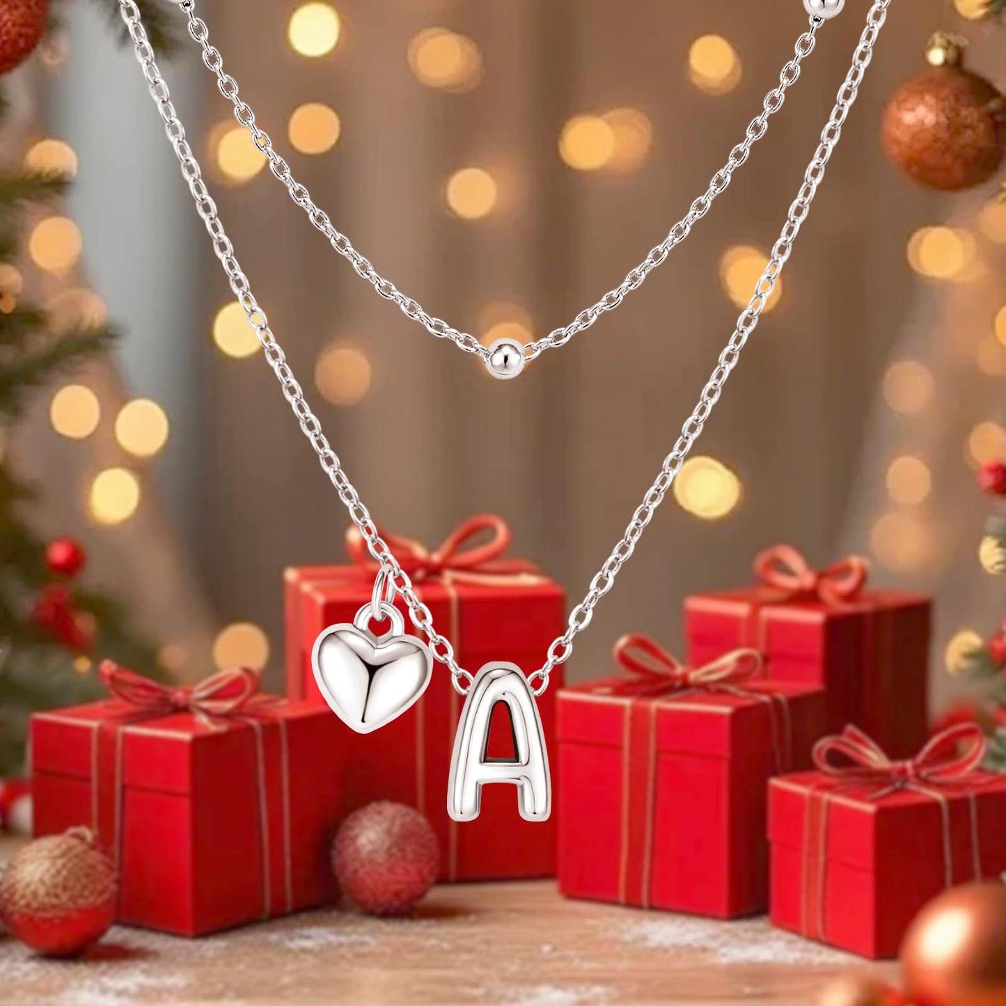 adoyi Silver Heart Initial Necklaces for Women 14k Gold Plated Layered bubble Letter Necklace Dainty Heart V Pendant Necklace Stack Birthday Valentines Gifts for Women Jewelry