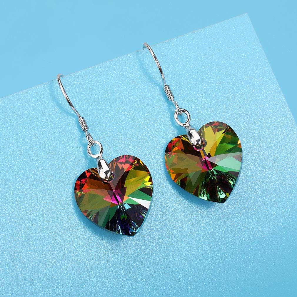 Austrian Crystal Heart Drop Dangle Earrings for Women 925 Sterling Silver Hook Hypoallergenic Earring (Vitrail Medium)