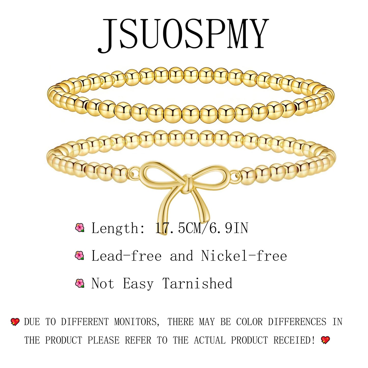 Jsuospmy Gold Beaded Bracelets for Women 14K Gold Bow Bracelet Handmade Stackable Bracelets for Women Trendy Non Tarnish Bracelet Jewelry Gift for Womens 2Pcs (02.Bow+Beaded (Gold))