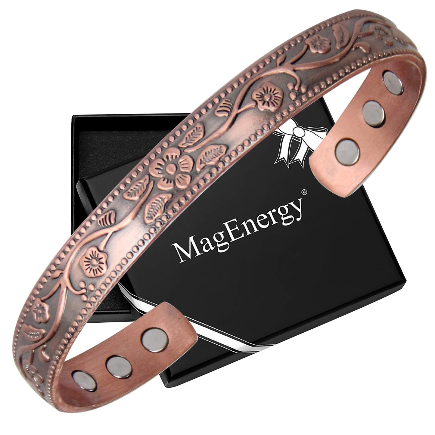 MagEnergy Copper Bracelets for Women, 99.9% Pure Copper Vintage Flower Magnetic Bangle with 3500 Gauss Magnets,6.8" Adjustable Cuff Jewelry Box