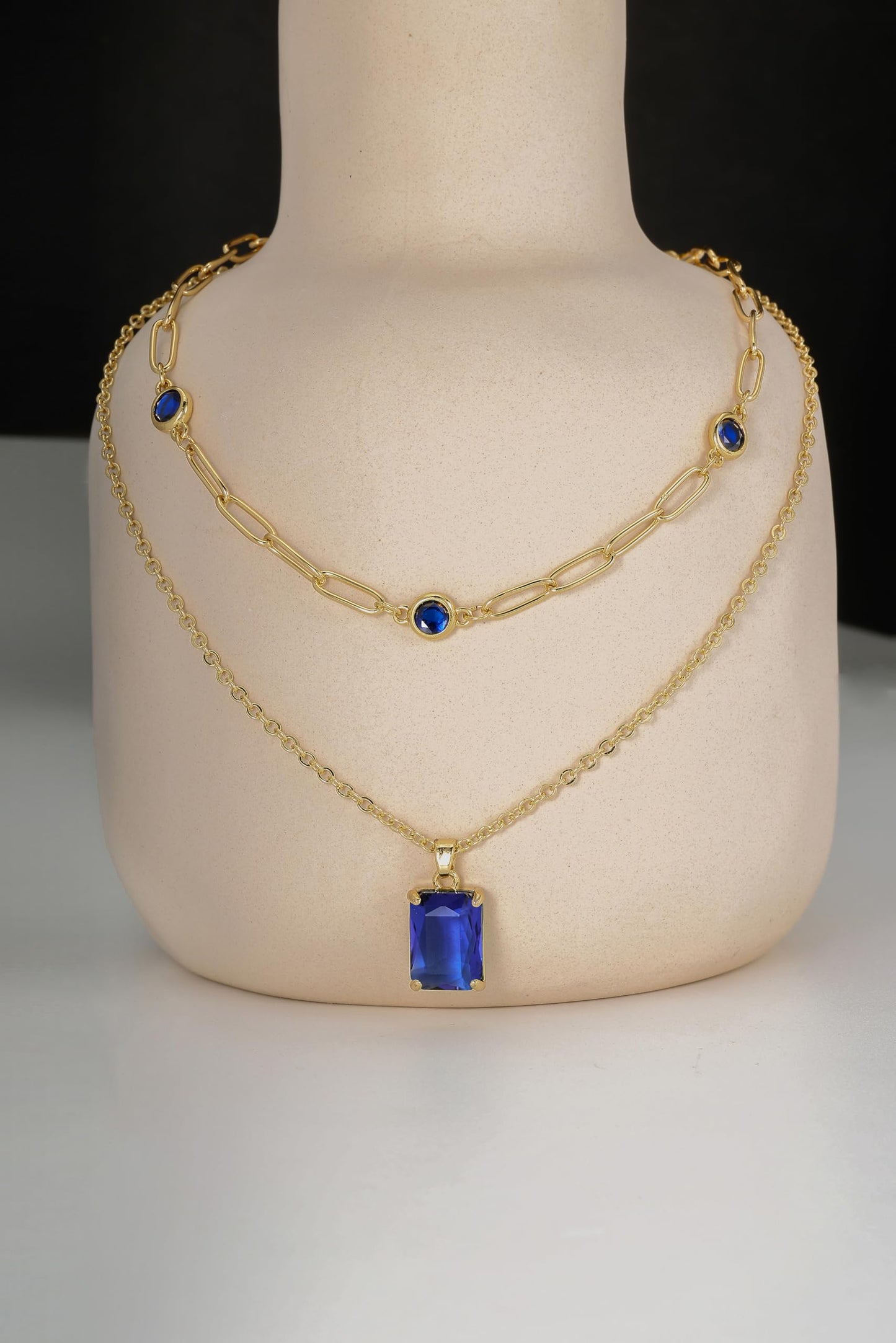 VANGETIMI Blue and Gold Layered Pendant Necklaces for Women 14k Gold Plated Crystal Choker Necklace Paperclip Rhinestone Necklace Party Prom Jewelry
