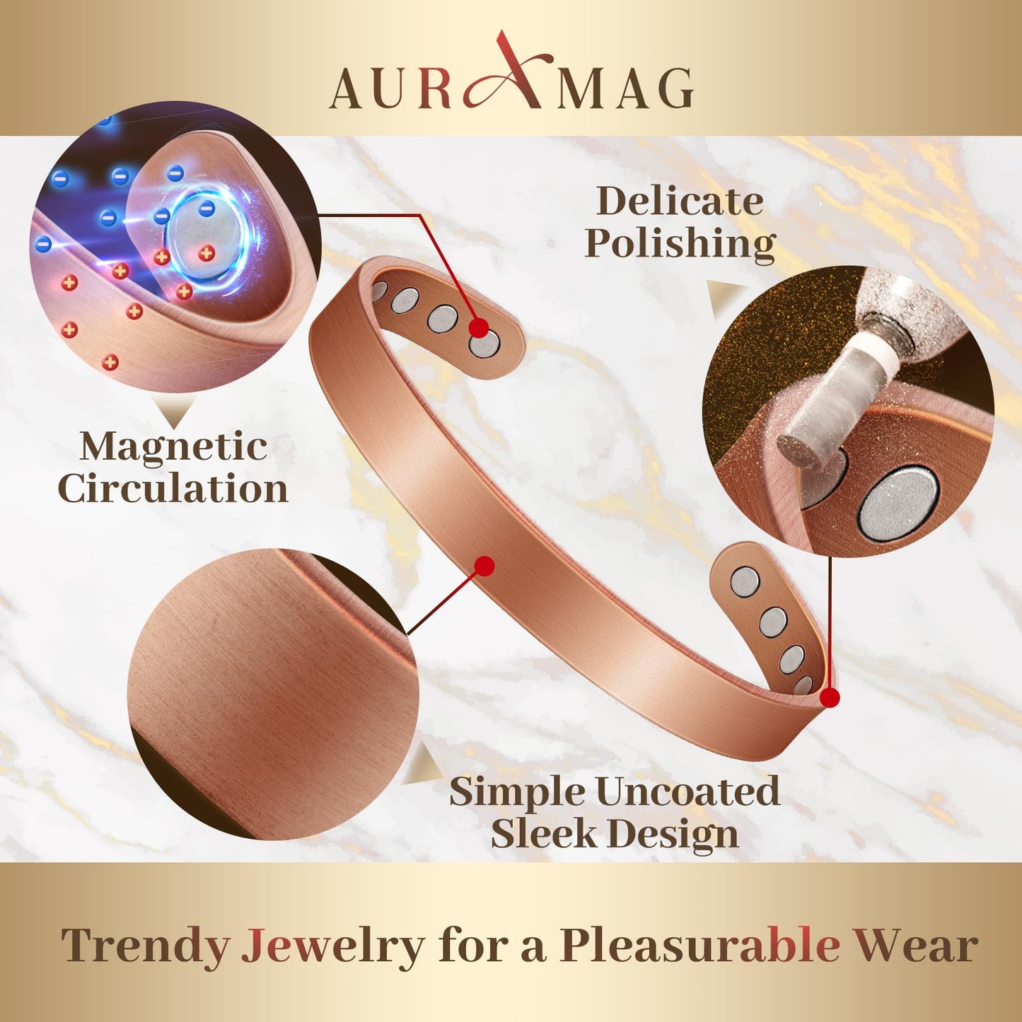Auramag Copper Bracelets for Women, Magnetic Copper Bracelets for Women with 3500 Gauss Magnets, Adjustable Jewelry with Gift Box (2PCS)