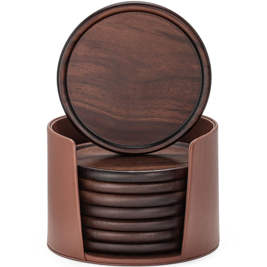 Wood Coasters with Leather Holder, GOH DODD Set of 8 Walnut Wooden Coaster Tabletop Protection for Drinks Coffee Table Home Kitchen Office Living Room Decor Housewarming Gifts Wedding Party, 4 Inch