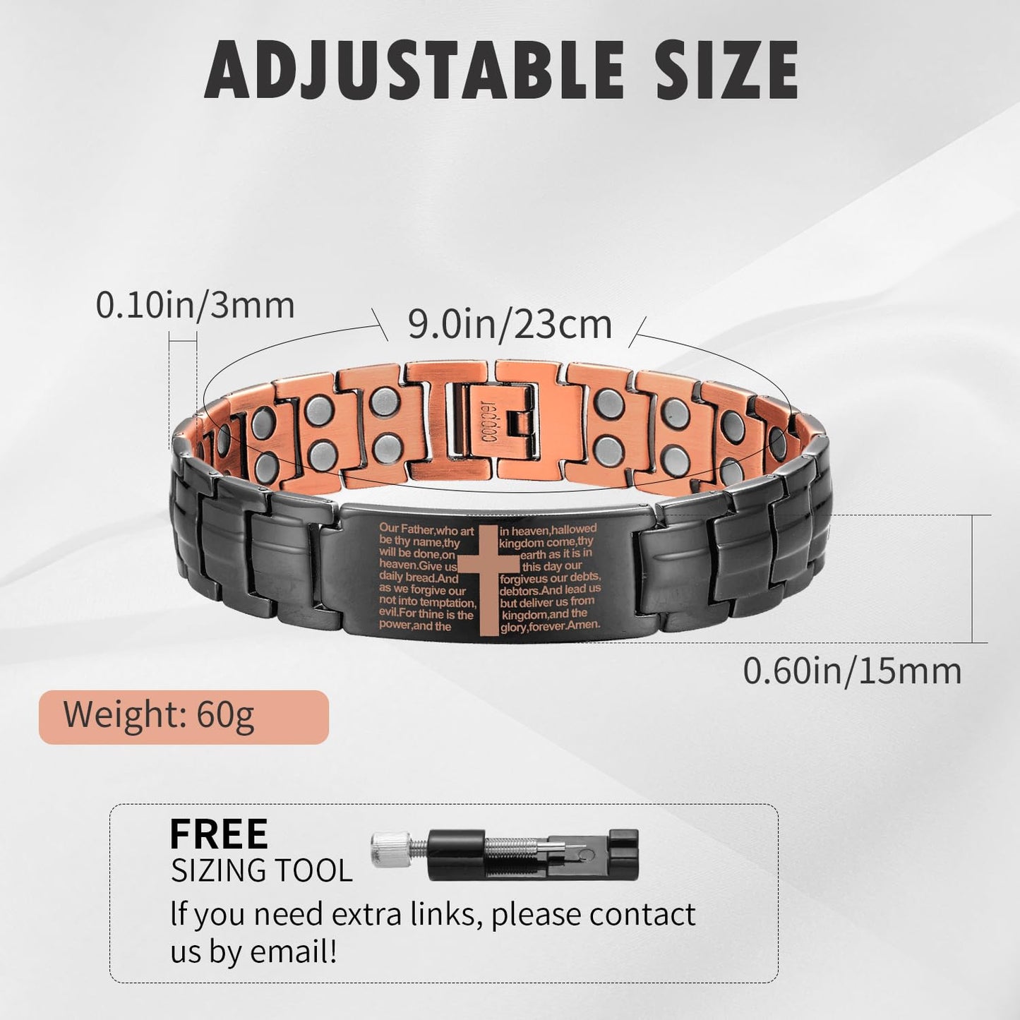 MagEnergy Copper Cross Bracelet for Men - Ultra Strength Magnetic Copper Mens Cross Bracelets - Adjustable Copper Bracelet with Sizing Tool Jewelry Box(Black)