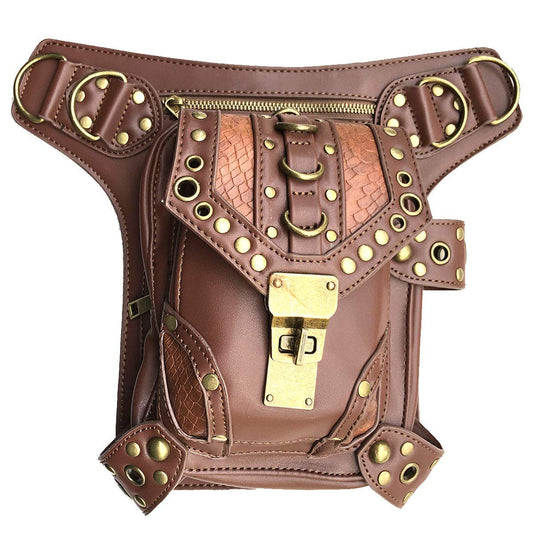 Steampunk Waist Bag Fanny Pack Fashion Gothic Leather Shoulder Crossbody Messenger Bags Thigh Leg Hip Holster Purse Travel Pouch Hiking Sport Chain Bags for Women Men brown