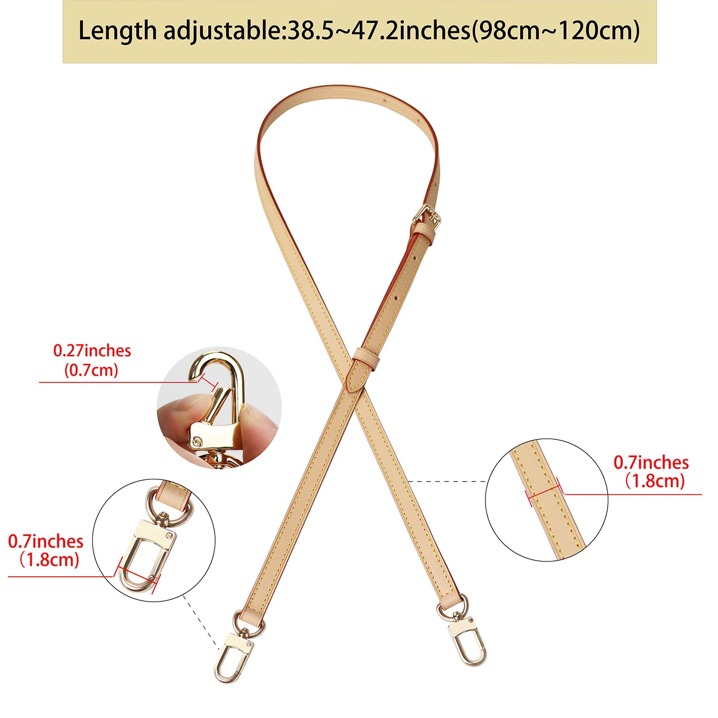 COLSEEY Genuine Vachetta Leather Crossbody Strap Genuine Leather Adjustable Replacement Strap for Shoulder Bag Handbag Purse（0.71 Inch Width）