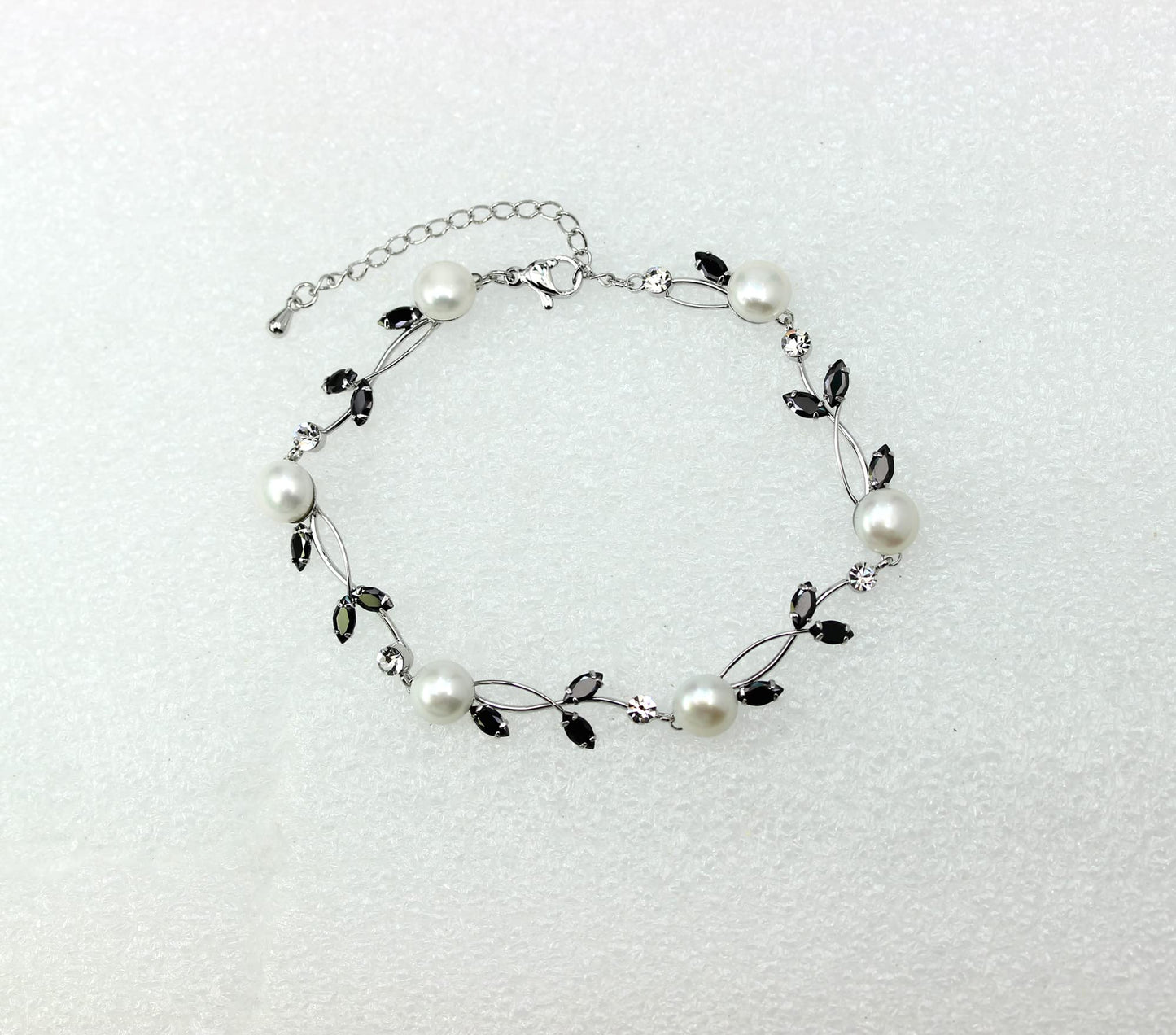 Faship Black CZ Crystal Genuine Freshwater Pearls Floral Bracelet 7.5" - 9.5" - Black/Matching Bracelet
