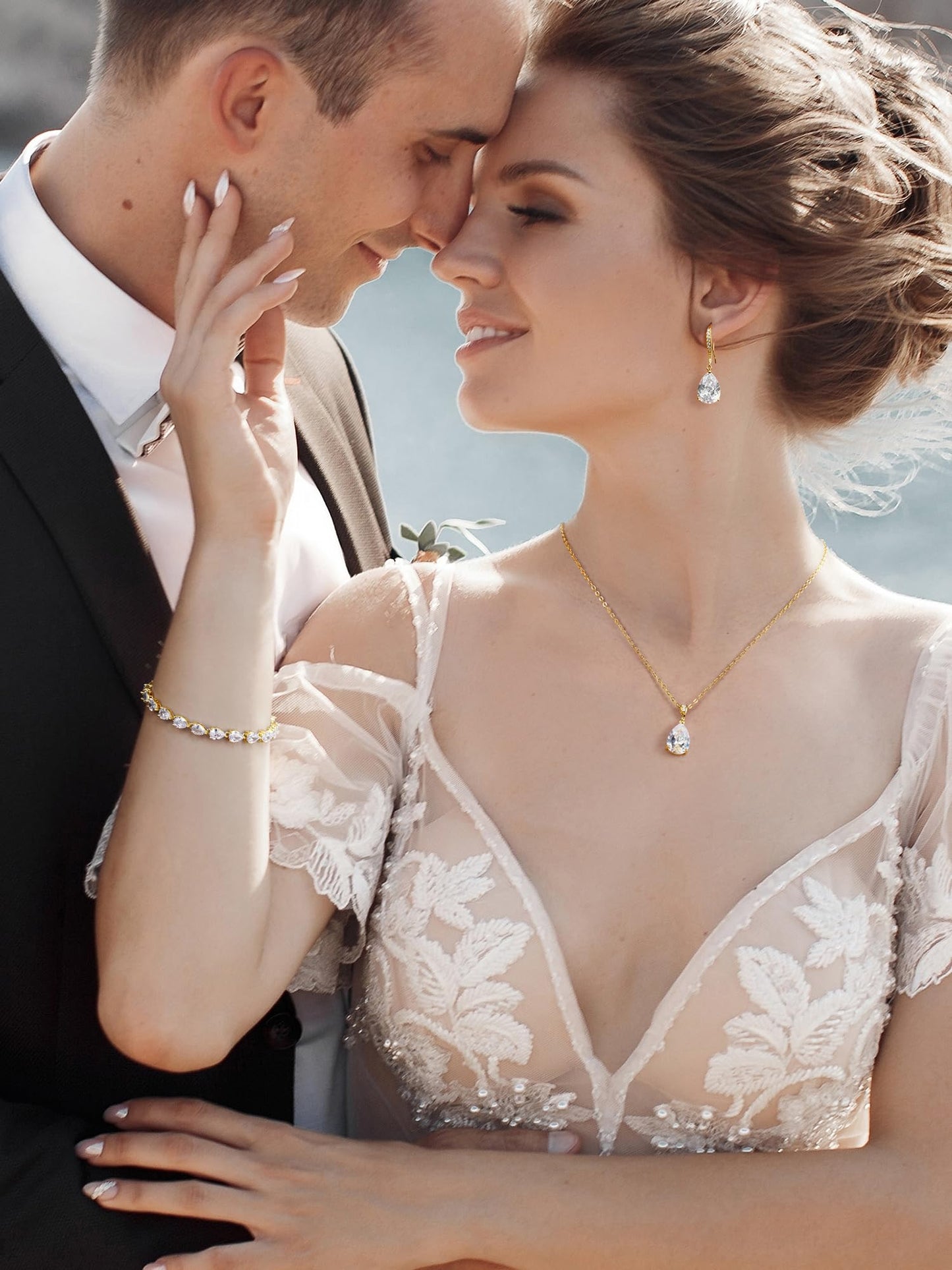SWEETV Gold Bridal Jewelry Set for Wedding, Cubic Zirconia Crystal Wedding Jewelry Set for Bride Bridesmaid, Crystal Teardrop Pendants Earrings Necklace Bracelet Set for Prom