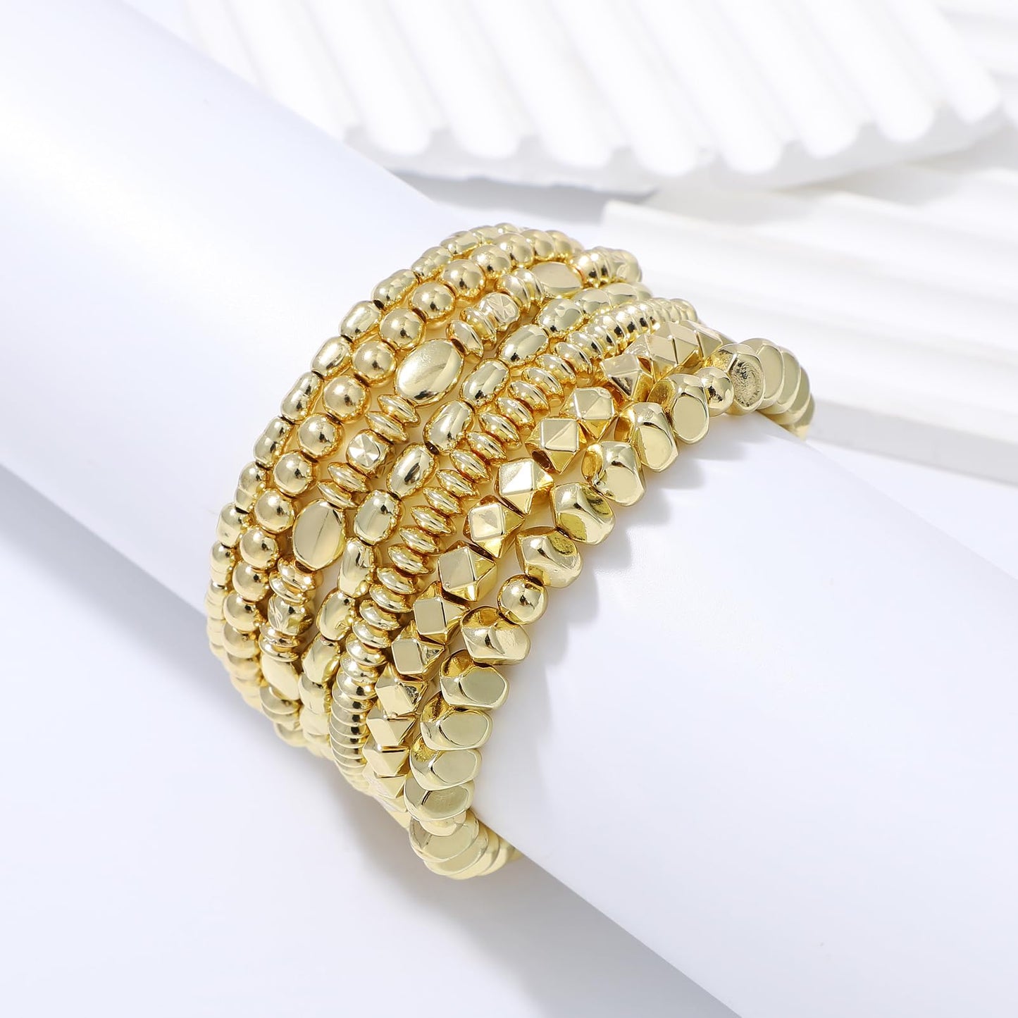 Sajidos Gold Plated Beaded Bracelets for Women Trendy, 14K Gold Plated Stack Cross Pearl Gold Plated Bead Stretch Bracelets Set Elastic Hypoallergenic Bracelets Jewelry Gifts