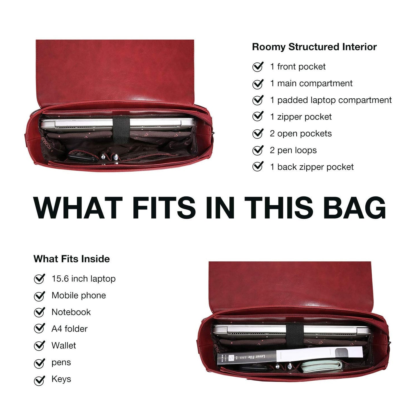ECOSUSI Women's Briefcase Vegan Leather 15.6 inch Laptop Bag for Work Computer Shoulder Satchel Bag with Detachable Bow, Red