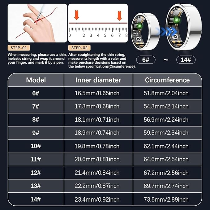 Health Tracker Ring, Smart Health Ring for Women Men with Heart Rate, Blood Oxygen, Sleep Monitor, Steps,Calories, No Subscription Fee, IP68 Waterproof Smart Ring for iPhone & Android (Silver, 14#)