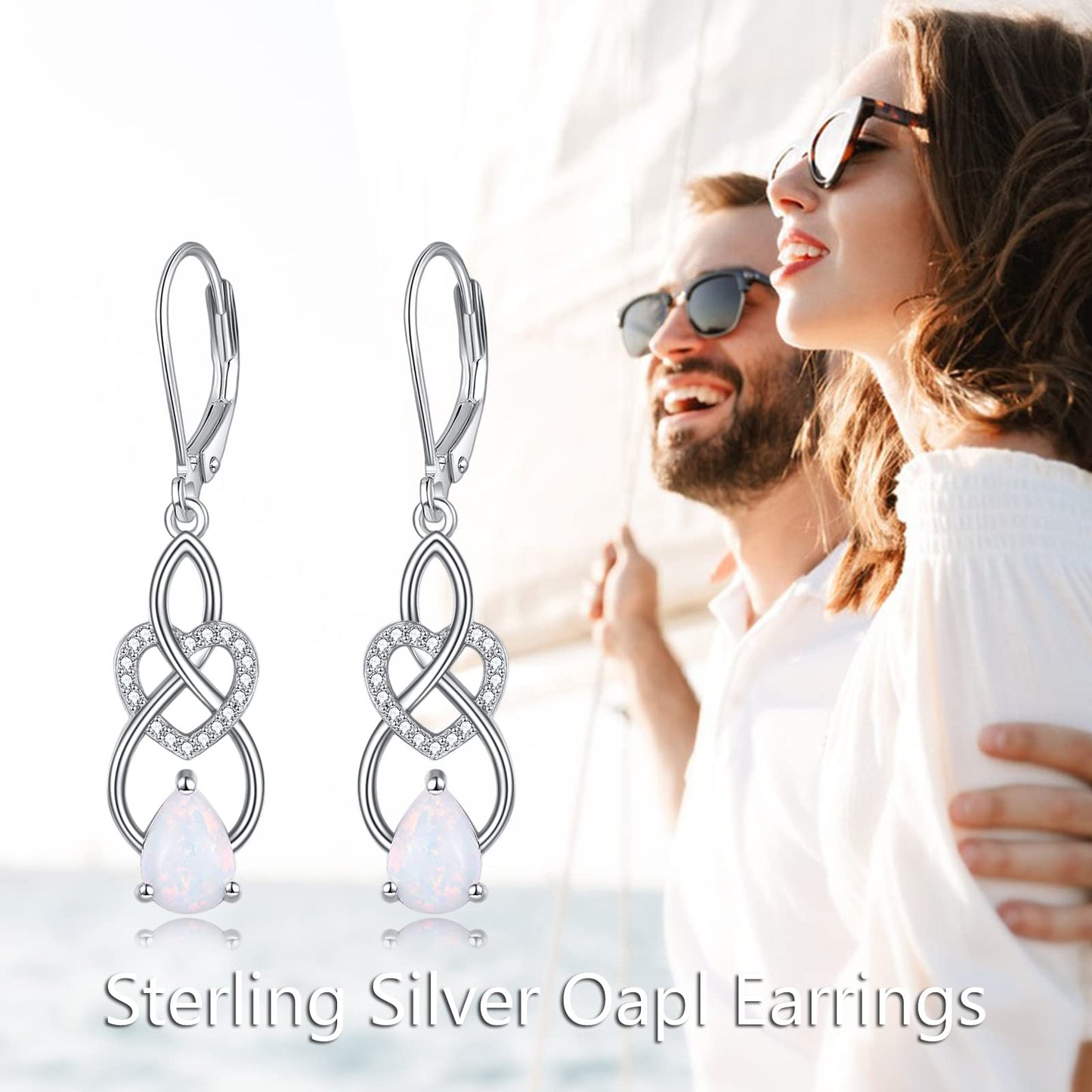 VONALA Opal Earrings 925 Sterling Silver Infinity Heart Dangle Drop Lervback Earrings Teardrop Dangling Twisted Earrings Jewelry Gift for Women