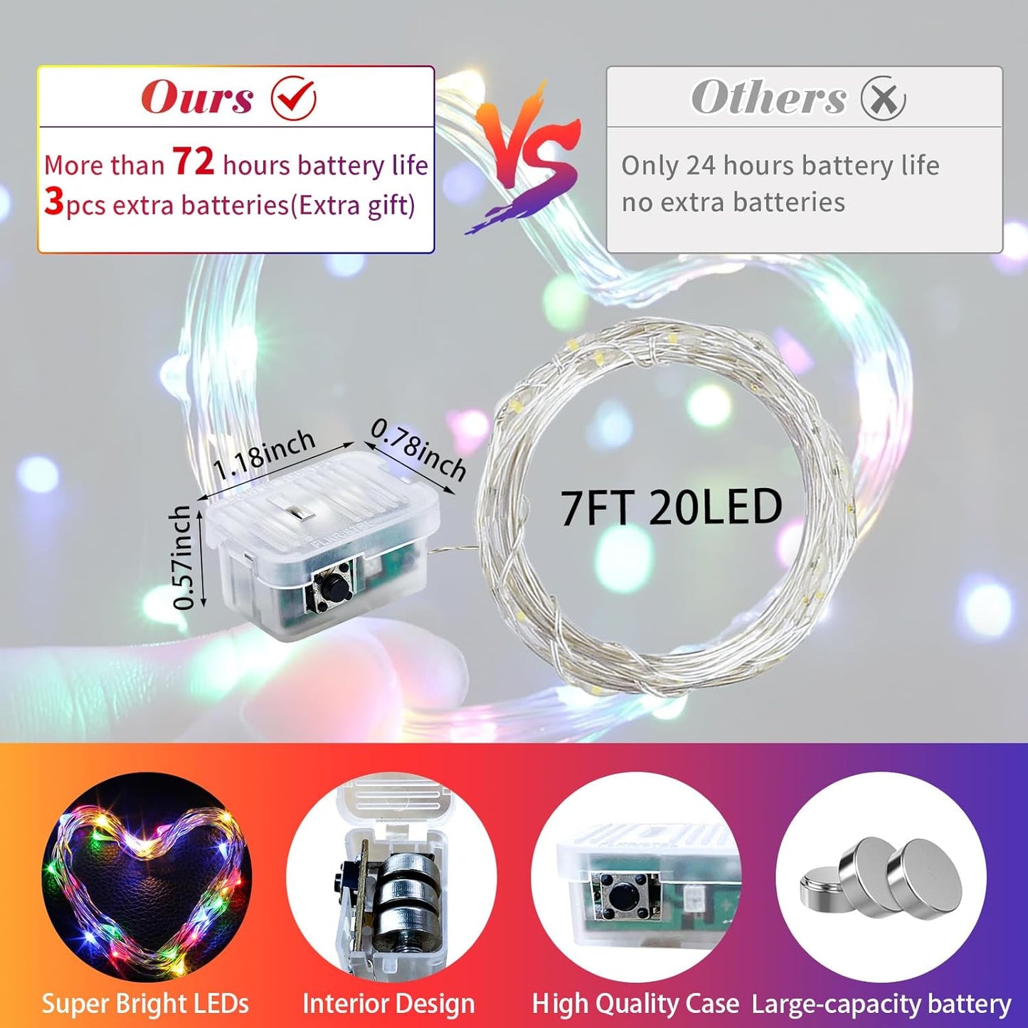 Skiennix 12 Pack Fairy Lights - 7Ft 20 LED Twinkle String Lights | Waterproof & Battery Operated for Parties, Weddings, Christmas & More - Rainbow & Blue