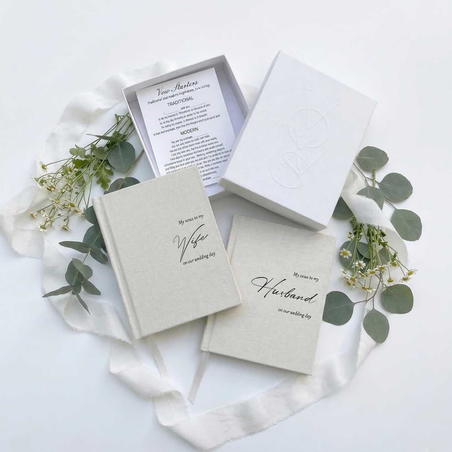 ADUN Stationery His and Hers Wedding Vow Books - Linen Hardcover, Gift Box & Ribbon Marker, 80 Pages Keepsake Journals for Bride & Groom, Perfect for Ceremony, Engagement & Bridal Shower Gifts [Ivory]