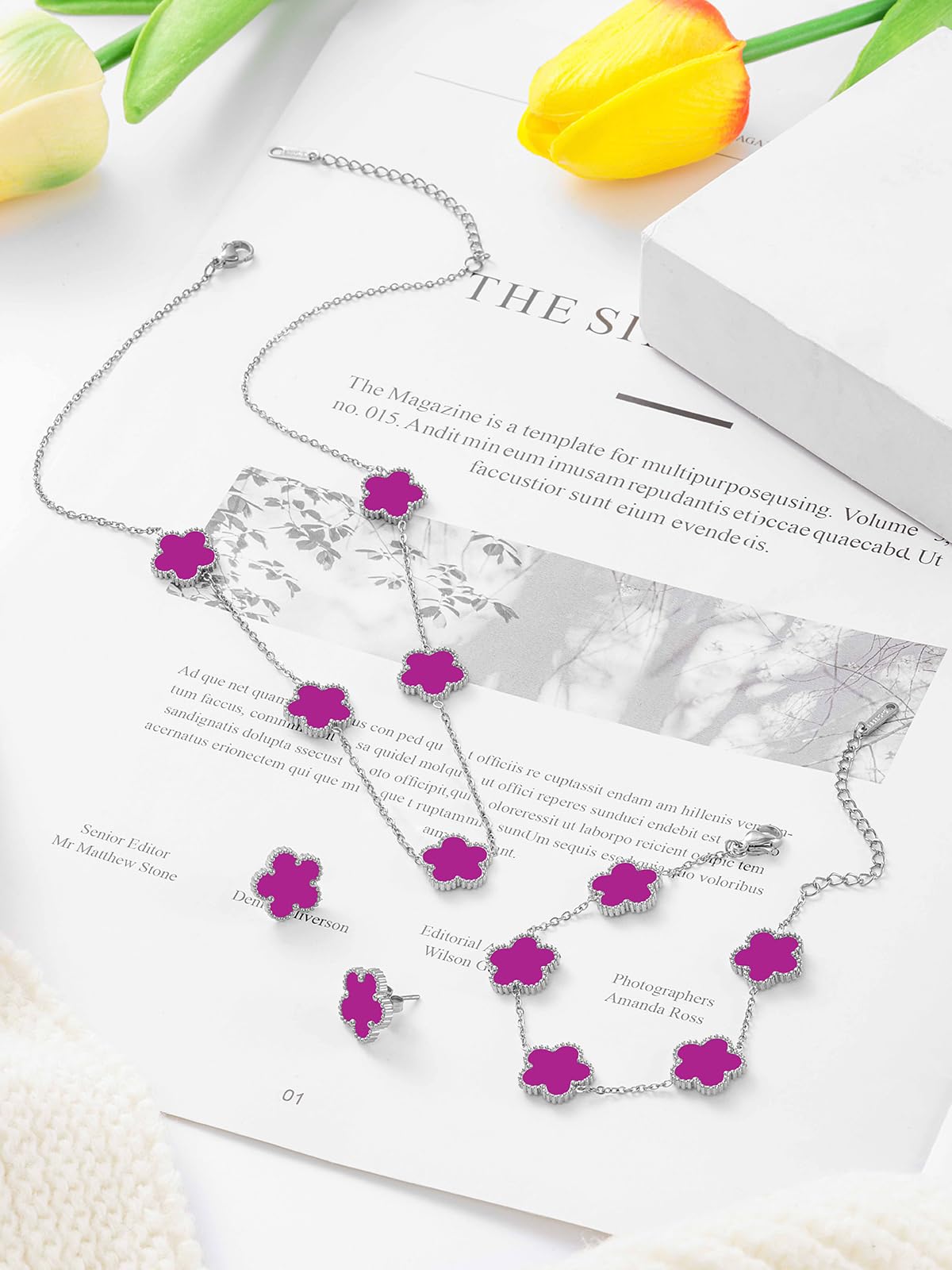 Qinpan Five Leaf Clover Necklace Bracelet and Stud Set for Women Lucky Flower Jewelry (Purple-Stainless Steel)