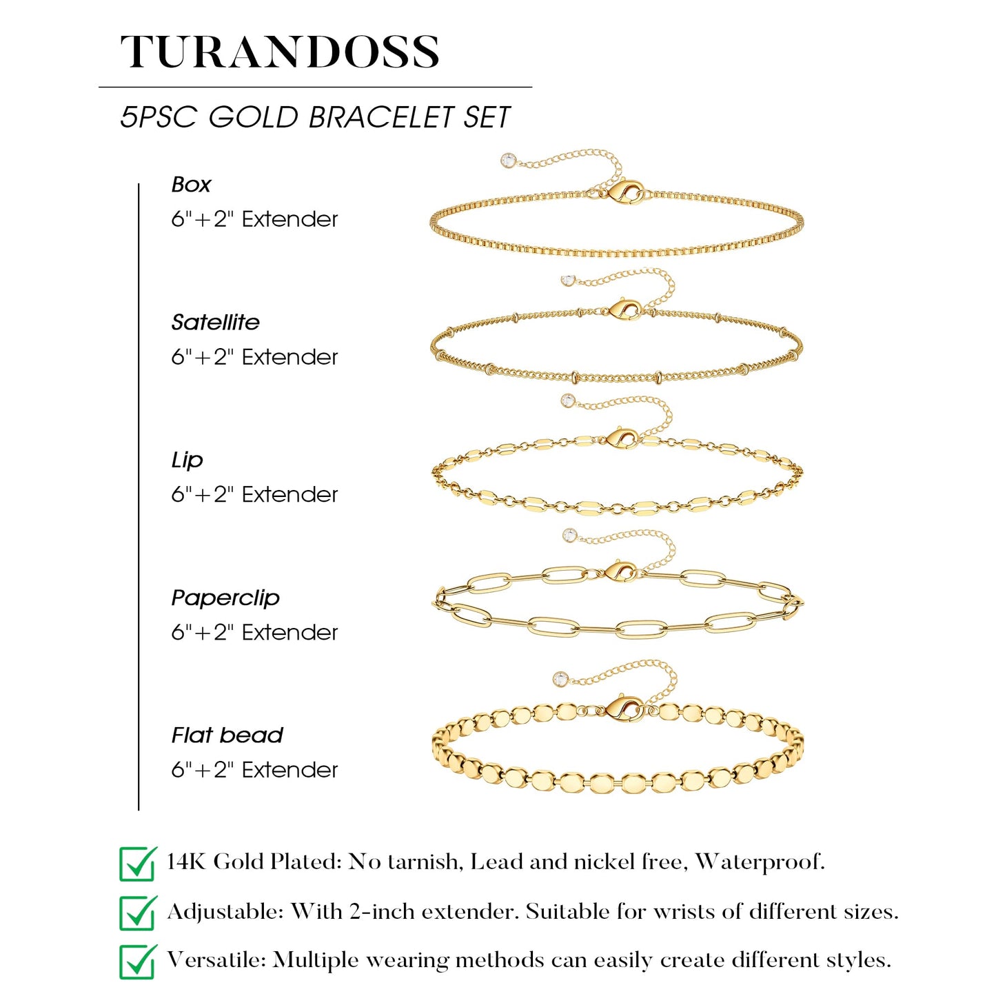 Turandoss Gold Bracelets Stack for Women, Dainty 14K Gold Plated Stackable Bracelet Set Adjustable Paperclip Satellite Box Chain Bracelet Waterproof Non Tarnish Jewelry Gifts for Women