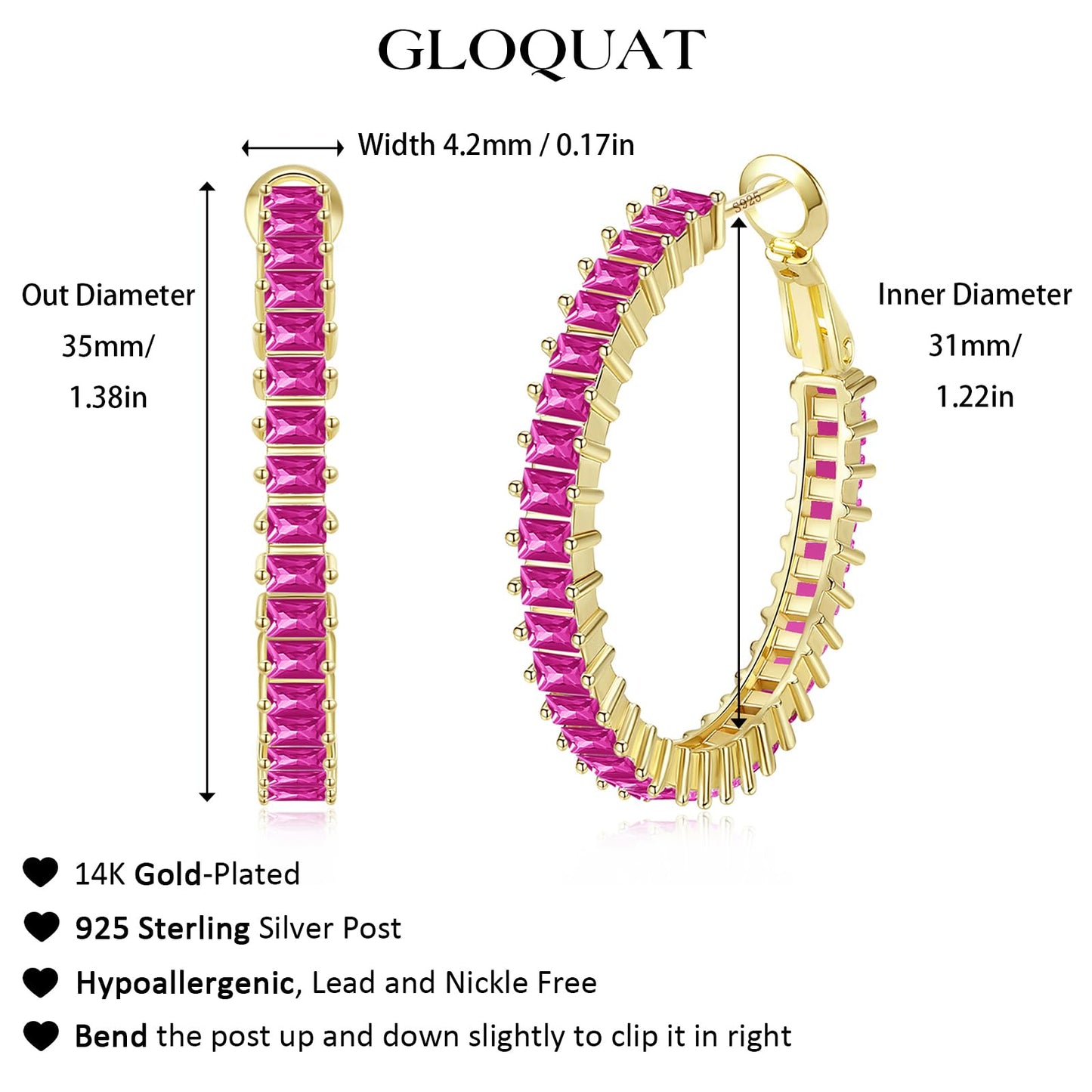 GLOQUAT CZ Gold Pink 35mm Hoop Earrings for Women