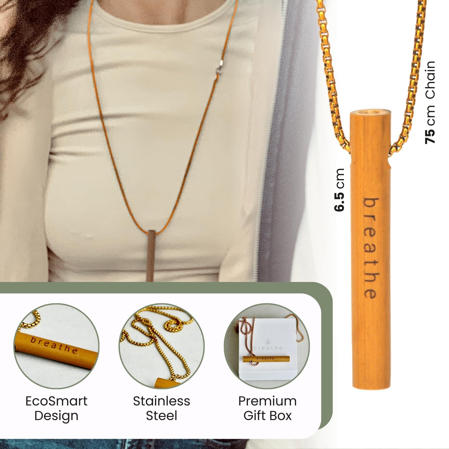 MyCalmAir Bamboo Breathing Necklace for Meditation, Mindfulness Tool, Stress Reducer, Eco-Friendly Breathe Pendant, Portable Relaxation Gift for Men & Women (Gold)