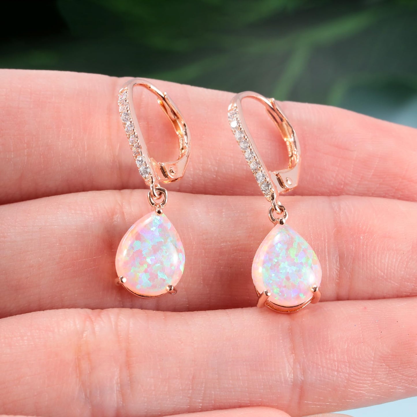 Leverback Pink Opal Dangle Earrings 14k Rose Gold Plated Drop Earrings for Women Teardrop Earrings Elegant Jewelry Gifts for Christmas Birthday Party
