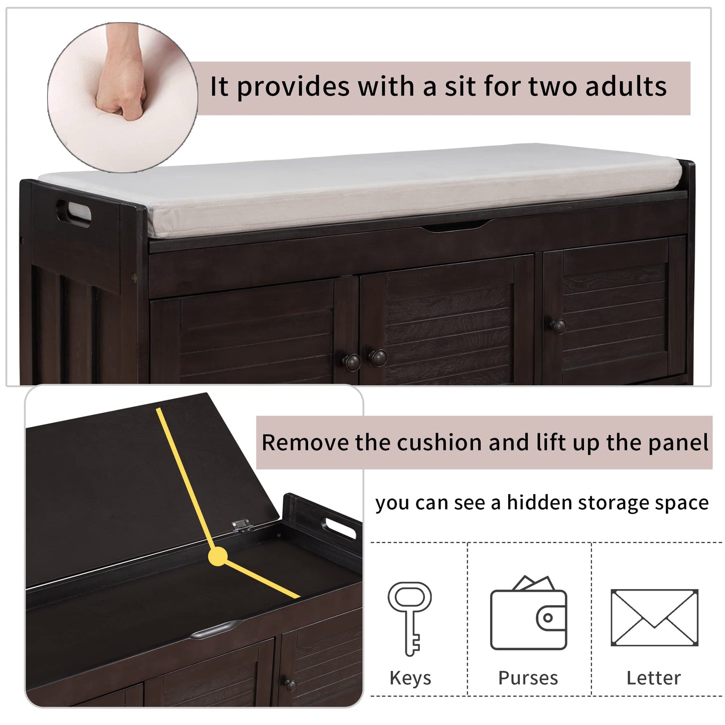 Entryway Bench, Storage Bench with 3 Shutter-Shaped Doors and Flip-Open Storage Box, Shoe Bench with Adjustable Shelves and Removable Seat Cushion, Shoe Rack for Hallway, Living Room, Espresso.