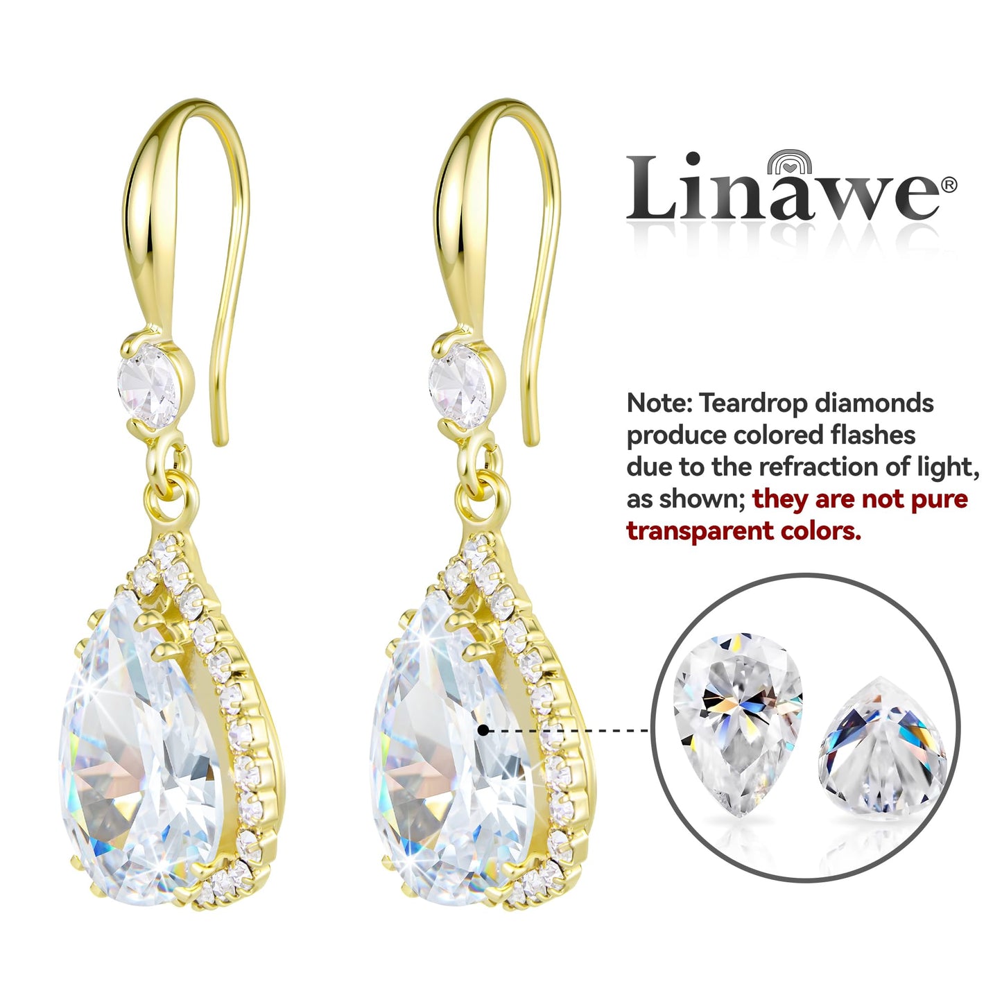 Linawe 14K Gold Imitation Diamond Dangle Wedding Earrings, Chandelier Rhinestone Drop Earrings for Women Trendy, Cubic Zirconia Earrings Crystal Teardrop Jewelry Set