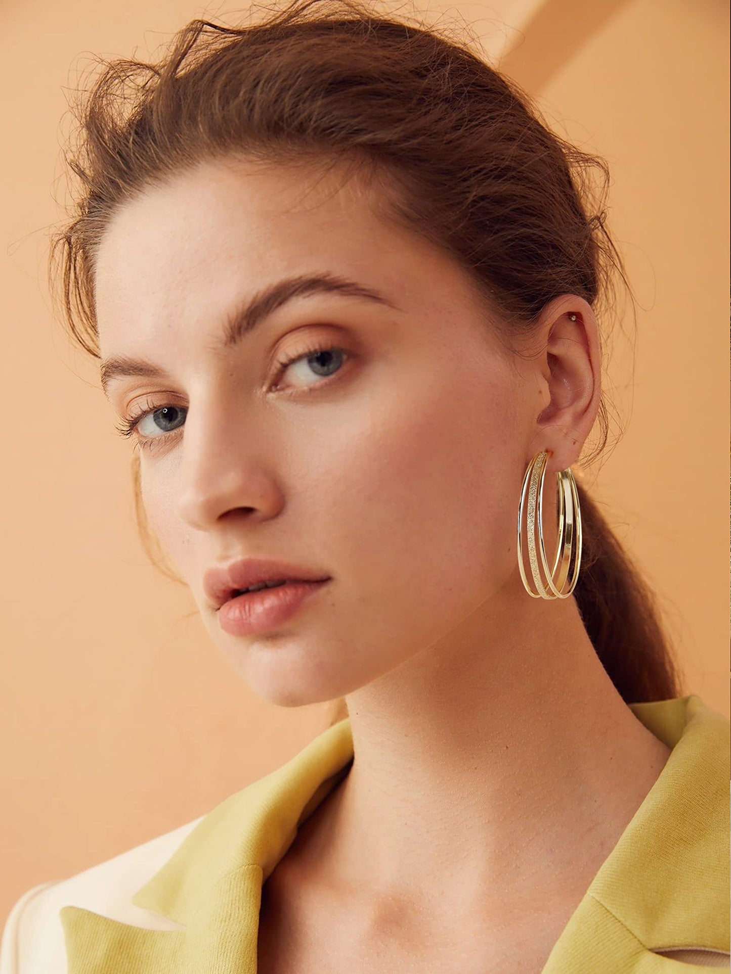GLOQUAT 14K Gold Plated Large Hoop Earrings for Women Fashion Big Gold Triple Hoops Earrings for One Ear Hole Lightweight and Hypoallergenic Chunky Chic Earring Jewelry Gifts 50mm