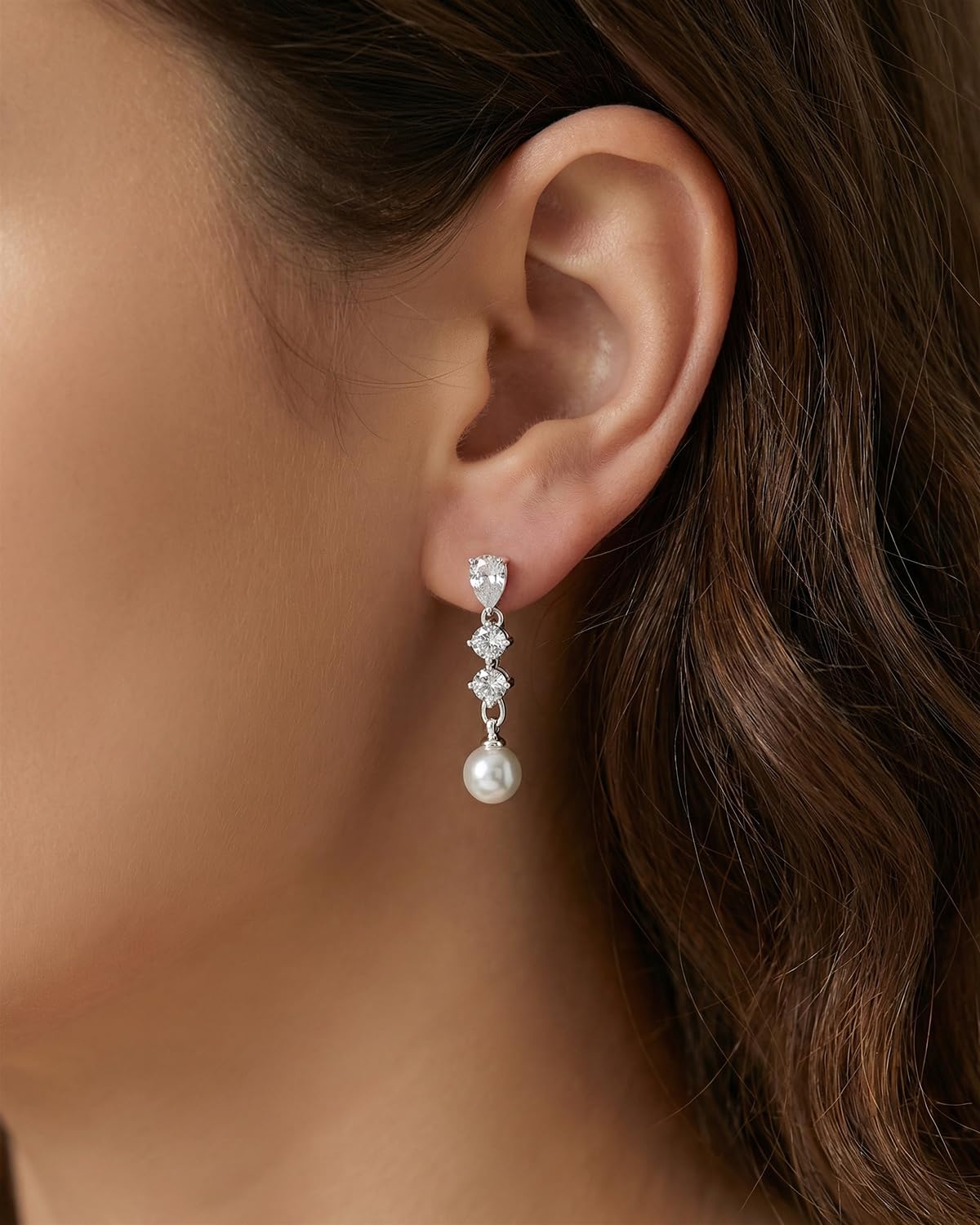 PRTGL Pearl Earrings - Silver White 14 Gold Plated Round and Teardrop Cut Cubic Zirconia Pearl Drop Dangle Earrings for Women Wedding Bridal