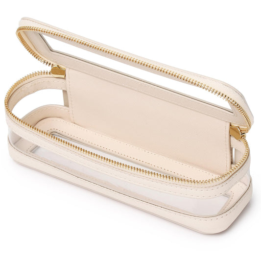 Pinkmik Makeup Brush Case Clear Travel Cosmetic & Toiletry Bag Slim Makeup Bag with Zipper Small Purse Organizer for Women Beige