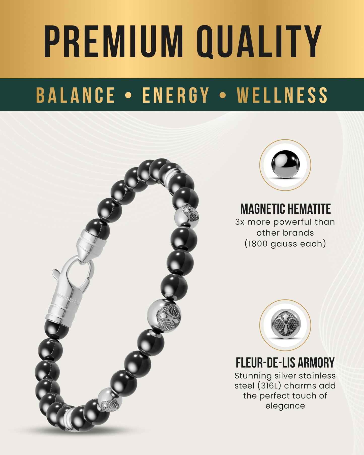 MagnetRX® Hematite Magnetic Bracelet – Max Strength Magnet Stones with Stainless Steel Charms – Elegant Hematite Beaded Bracelets for Men (Armory | Small)