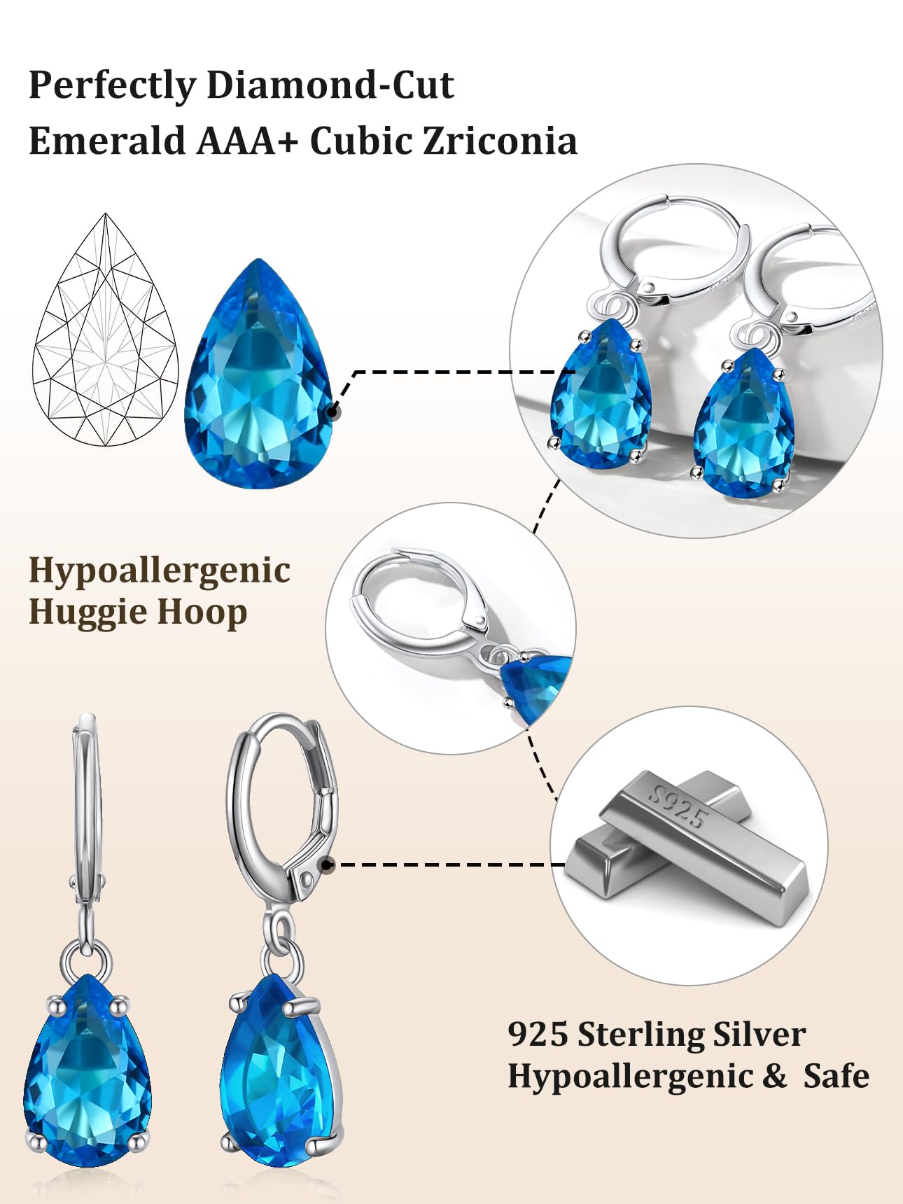 Bestyle Created Blue Topaz Drop Birthstone Earrings for Women -Small Silver Teardrop Dangle Earrings for Women - Dainty Cute Earrings Gift for Birthday Mother's Day Wedding Party