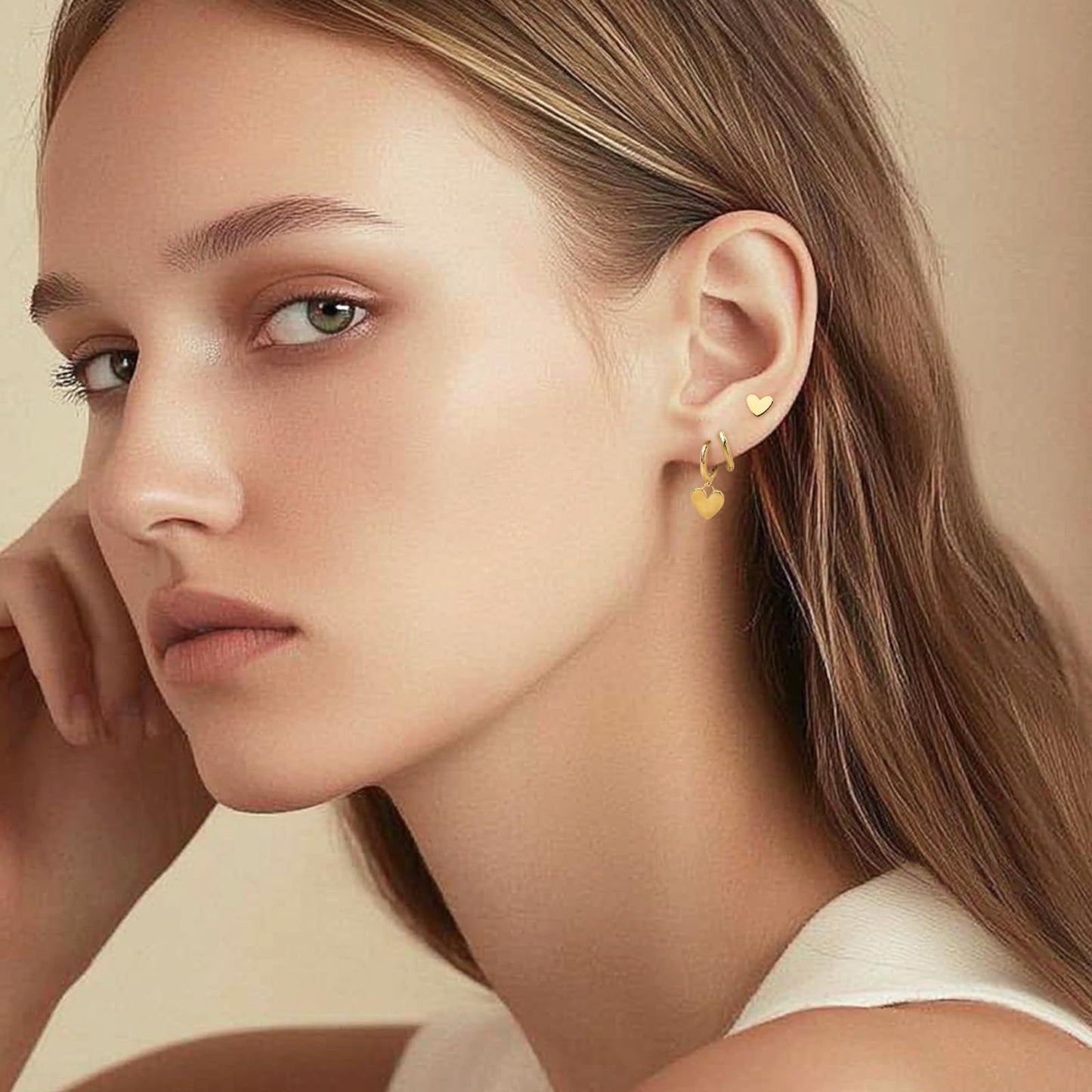Frigotine Gold Heart Stack Earrings Set for Women 3 Pairs Trendy Dainty Small Hoop Huggie Stud Hypoallergenic Dangle Cartilage Wedding Prom Fashion Jewelry Gift