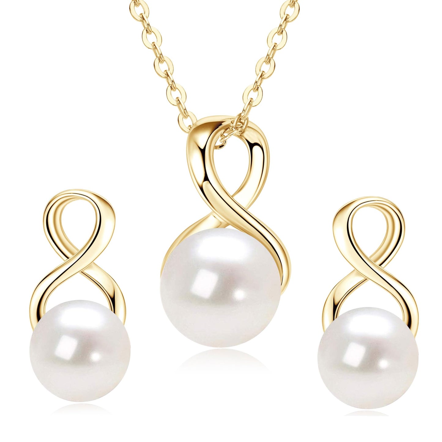 DENGGUANG Pearl Necklace and Earring Set for Women, 14K Gold Plated Freshwater Cultured Pearl Infinity Wedding Jewelry Anniversary Birthday Gifts for Her