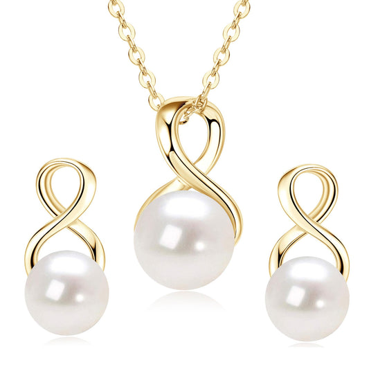 DENGGUANG Pearl Necklace and Earring Set for Women, 14K Gold Plated Freshwater Cultured Pearl Infinity Wedding Jewelry Anniversary Birthday Gifts for Her